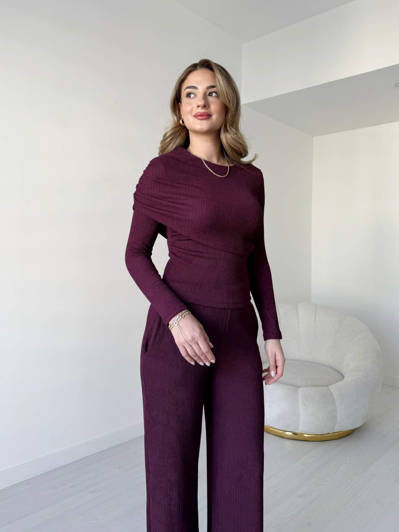 Omuz Detaylı İkili Takım - Bordo