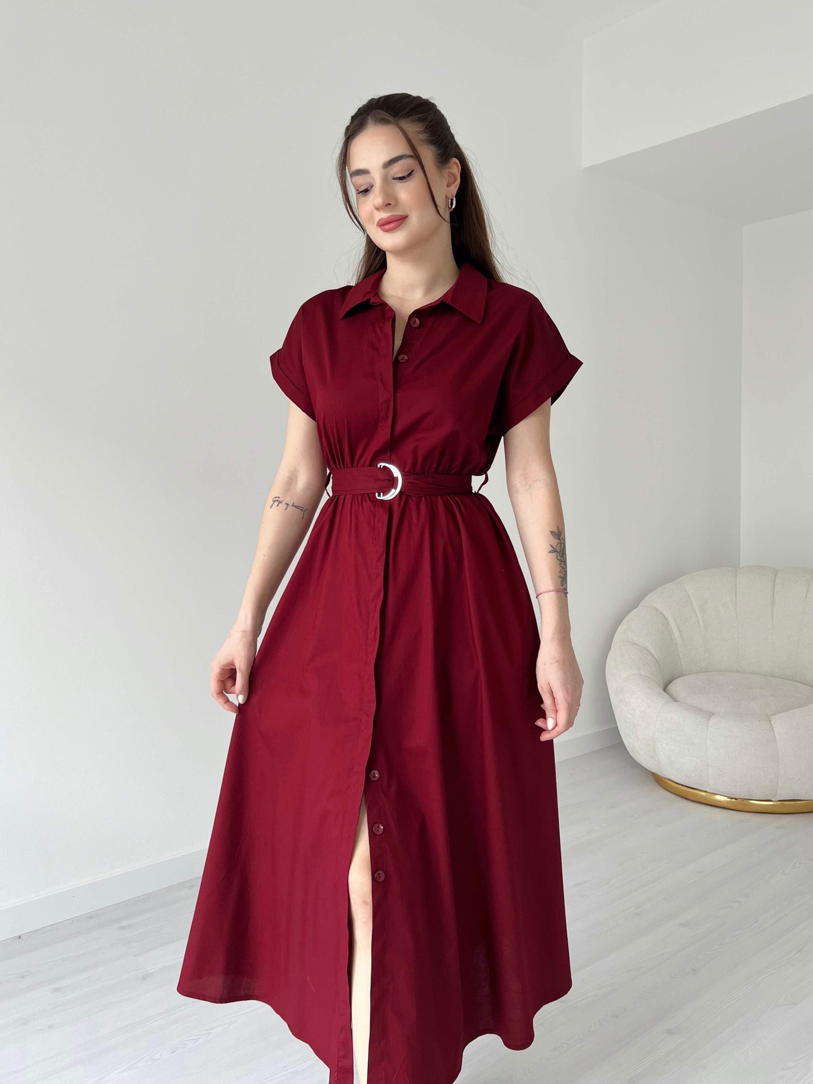 Kemerli Midi Boy Poplin Elbise - Bordo