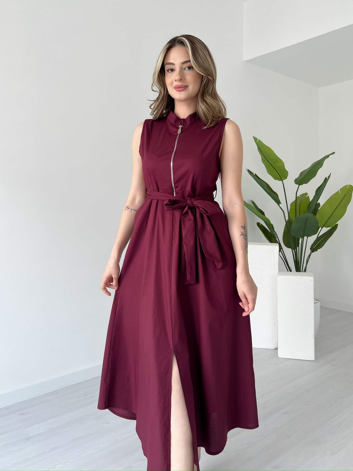 Fermuarlı Midi Boy Poplin Elbise - Bordo