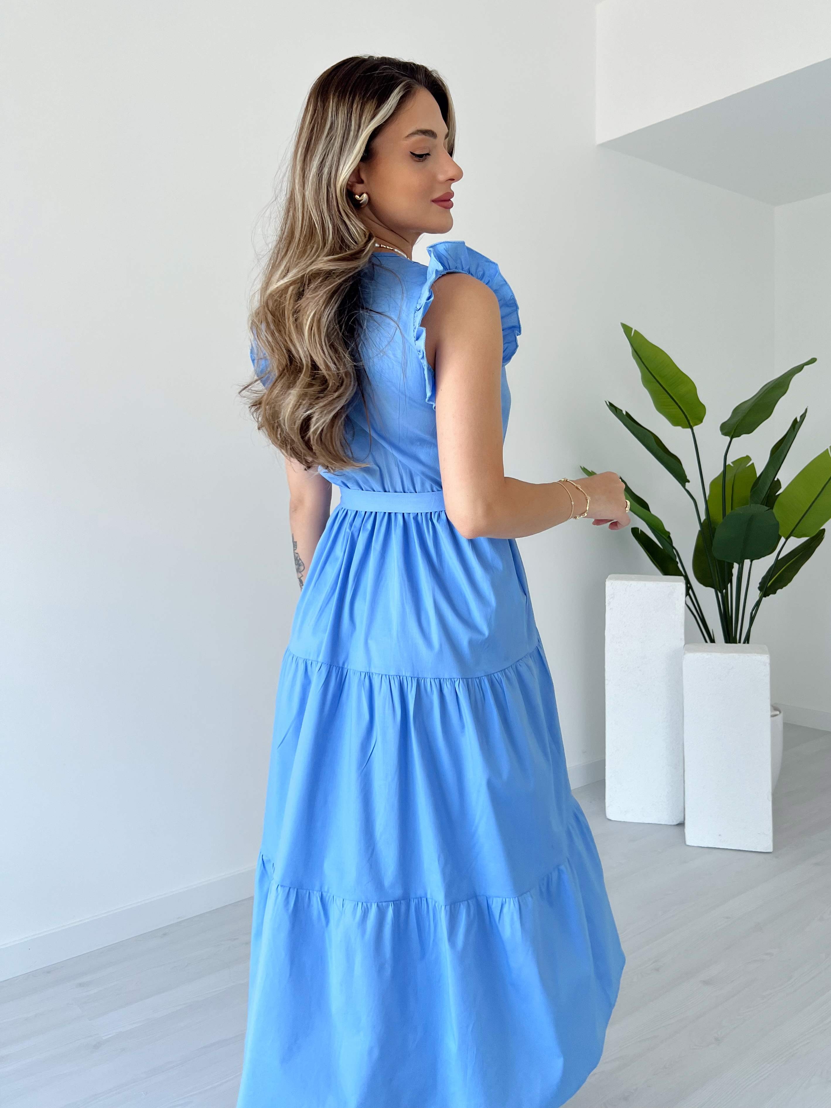 Yaka ve Kolları Fırfırlı Poplin Elbise - Bebe Mavi