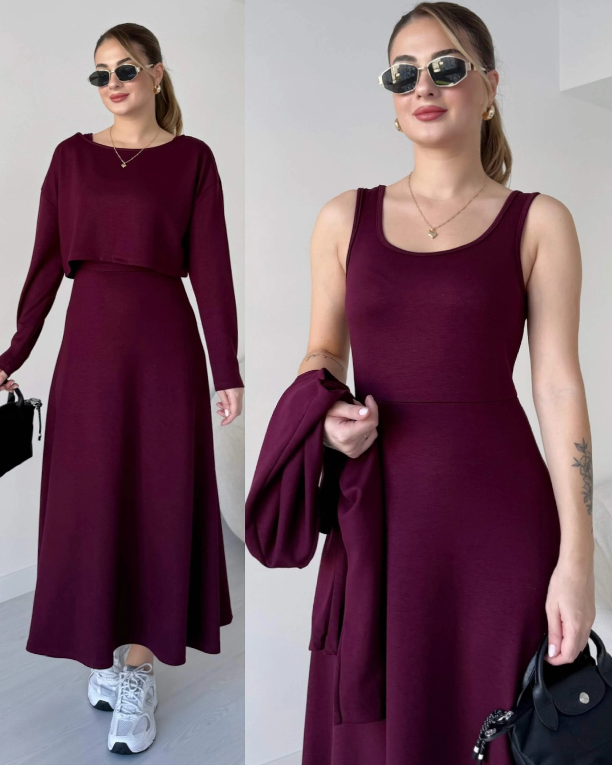 Elbise - Bluz İkili Takım - Bordo