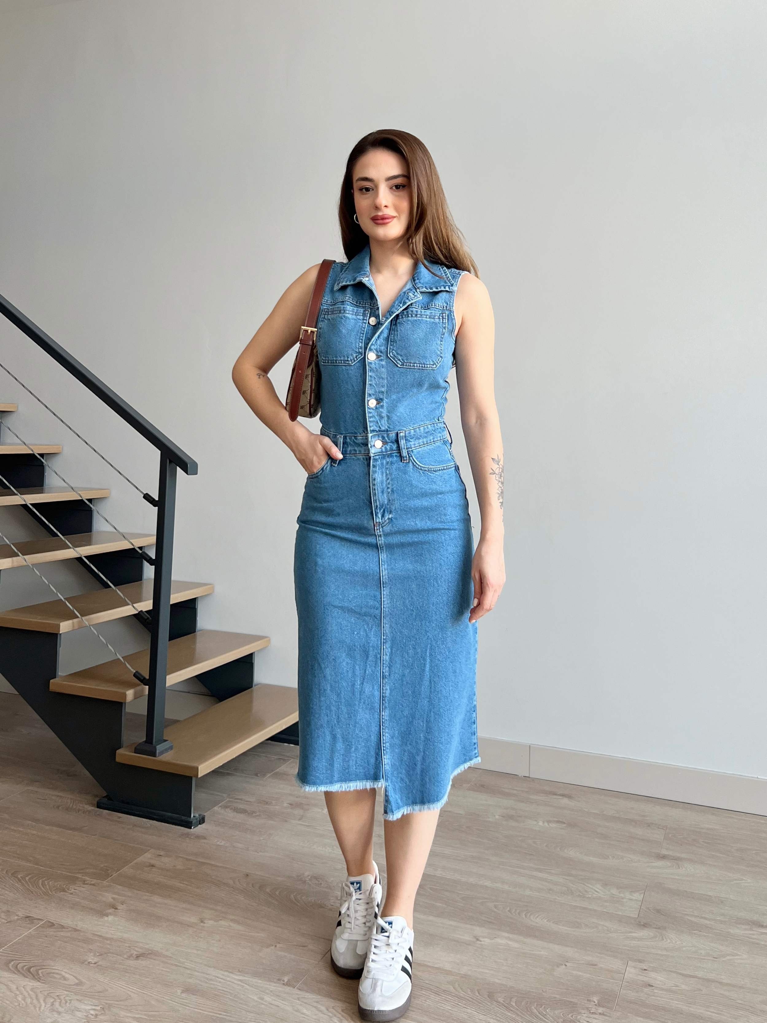 Eteği Püsküllü Denim Elbise