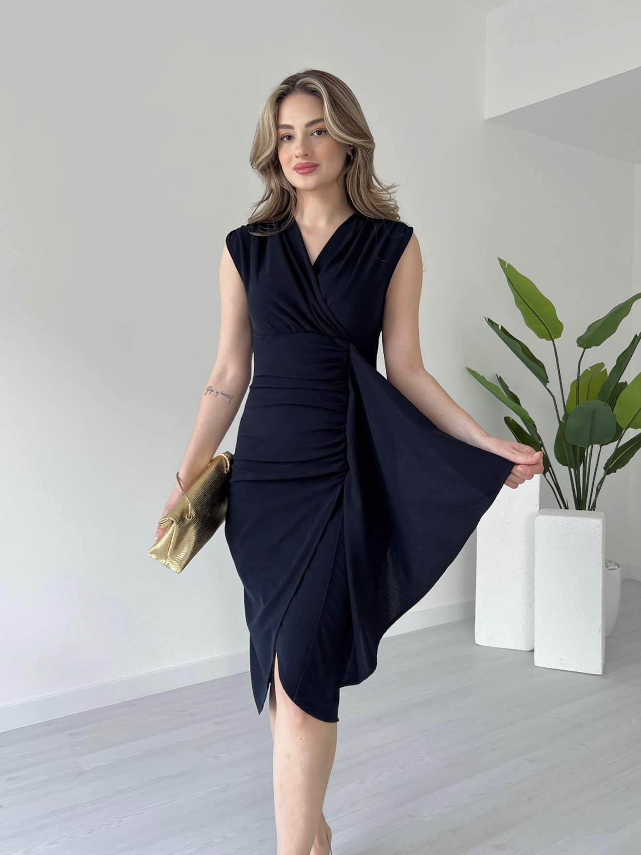 Drape Detaylı Midi Boy Elbise - Lacivert