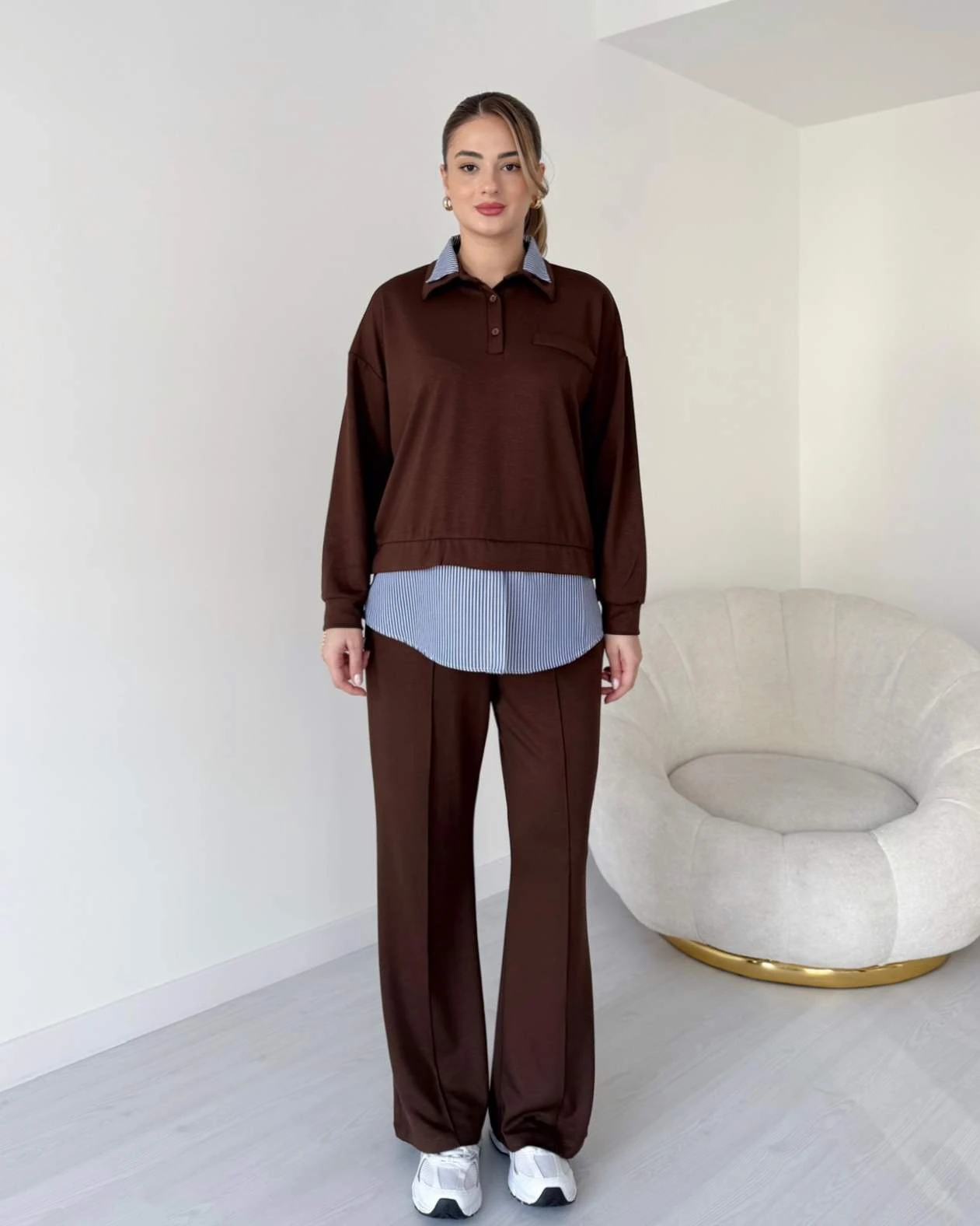 Gömlek Detaylı Premium Modal Takım - Kahve