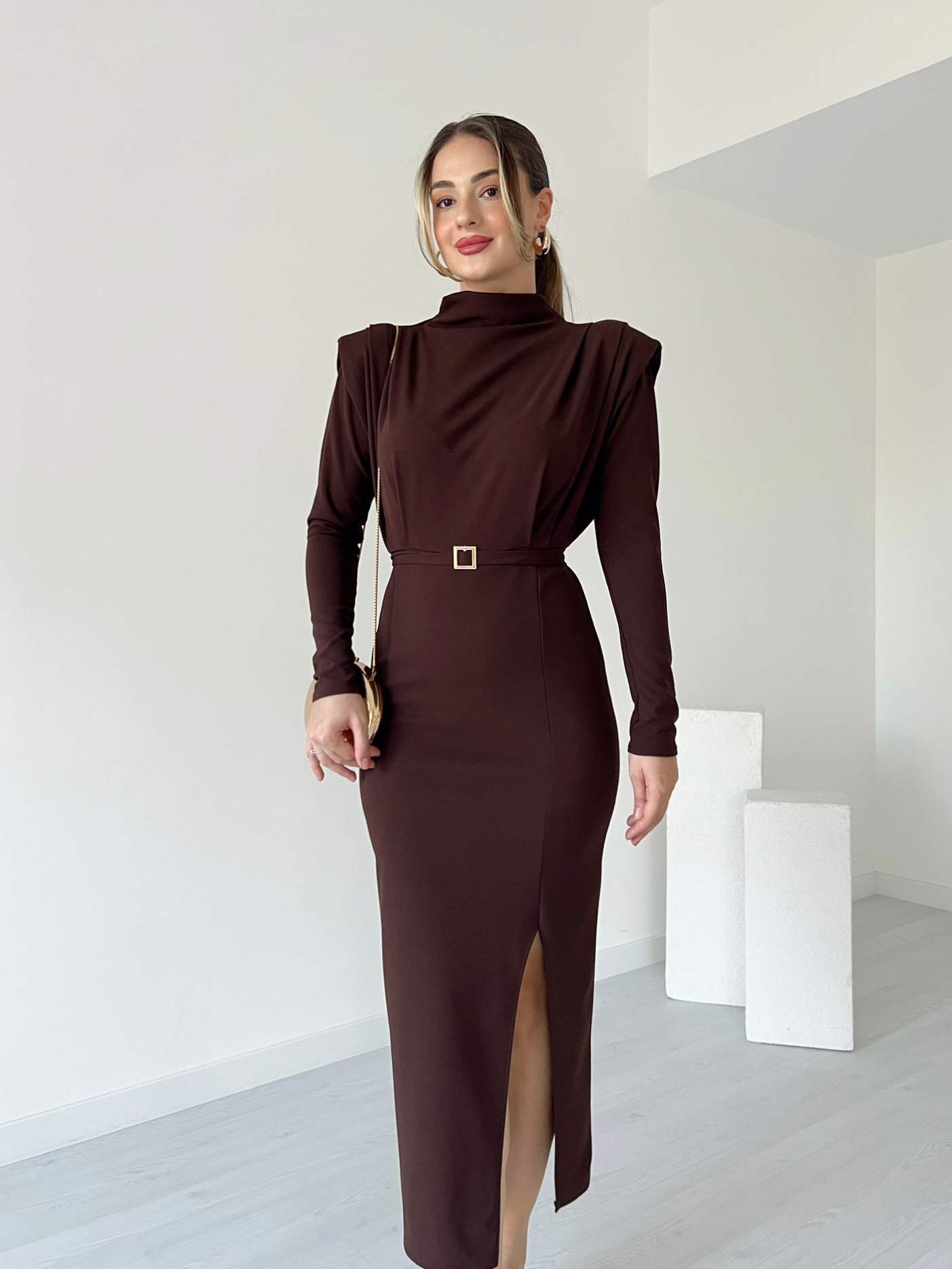 Omuz Detaylı SINDY Elbise - Kahve