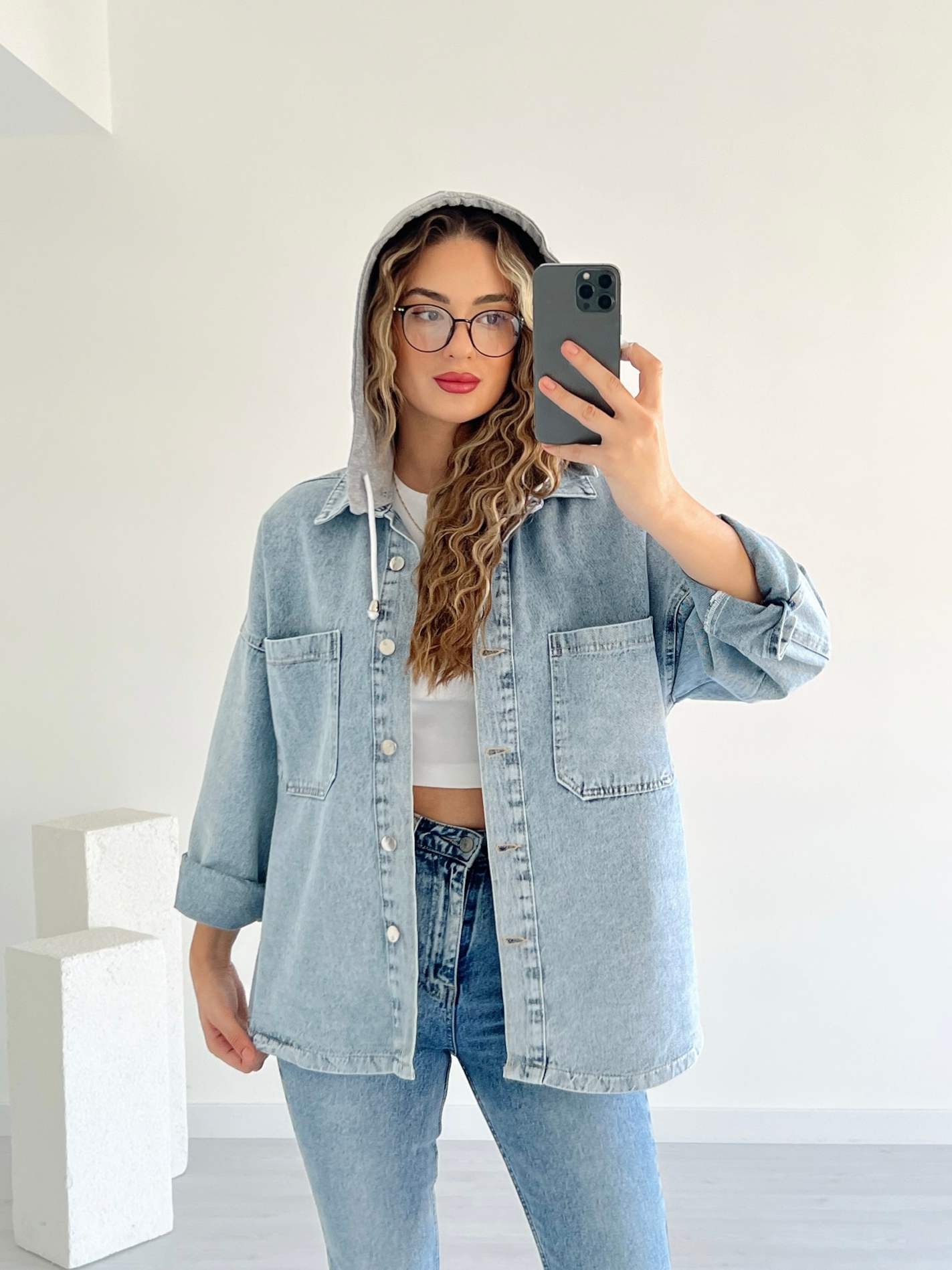 Kapüşonlu Denim Gömlek