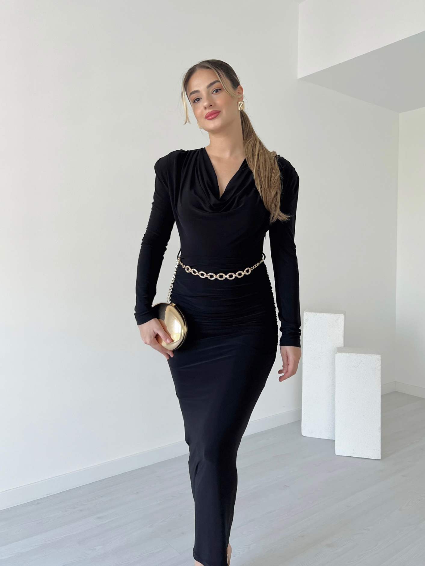 Degaje Yaka GEDSON Elbise - Siyah