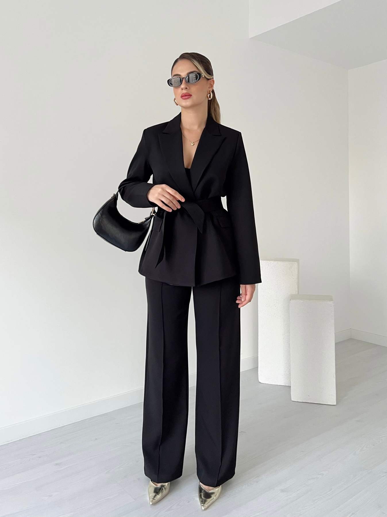 Kuşaklı Ceket Pantolon Takım