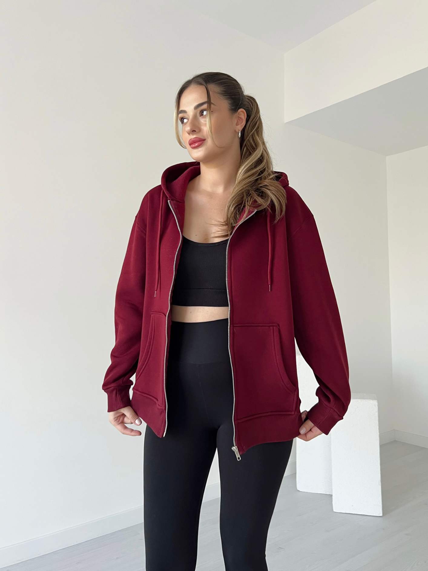 Fermuarlı Basic Hoodie - Bordo
