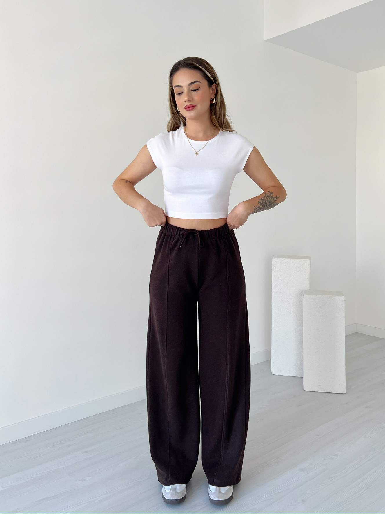 Yumoş Dokulu Bol Paça Pantolon - Kahve