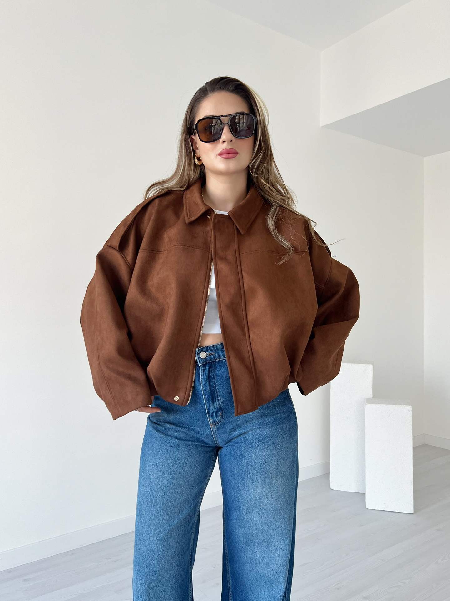 Süet Bomber Ceket - Taba