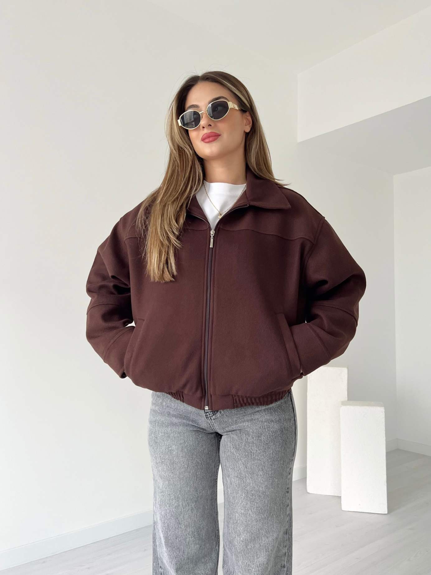 Yakalı Kaşe Bomber Ceket - Kahve