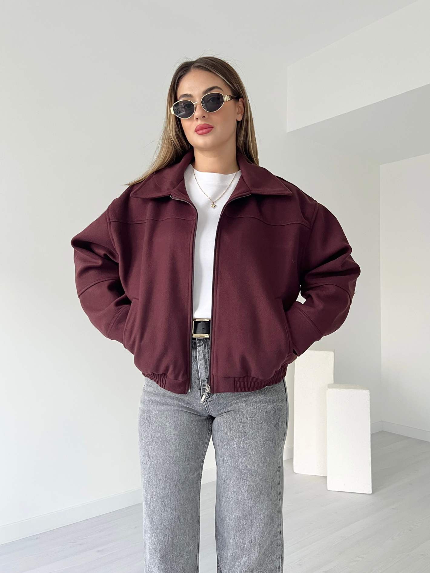 Yakalı Kaşe Bomber Ceket - Bordo