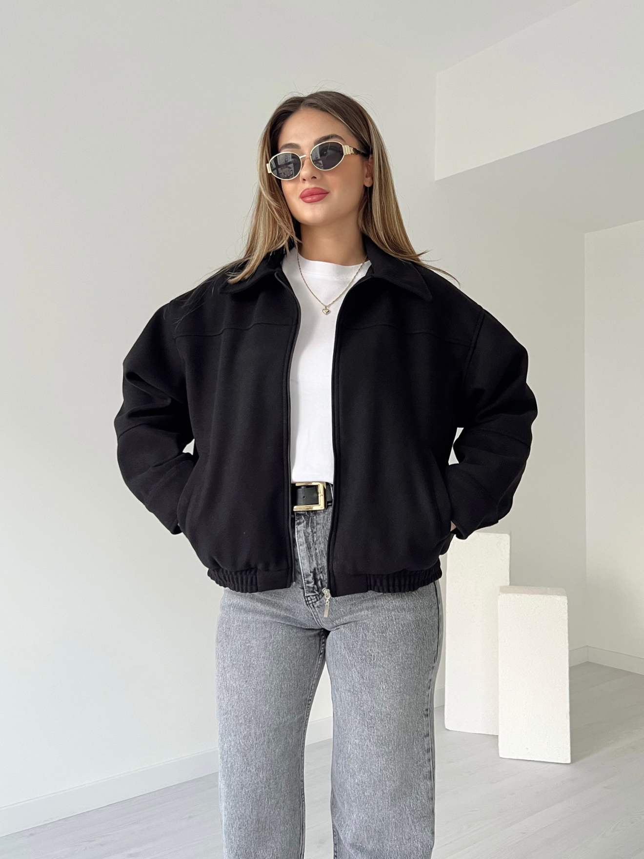 Yakalı Kaşe Bomber Ceket - Siyah