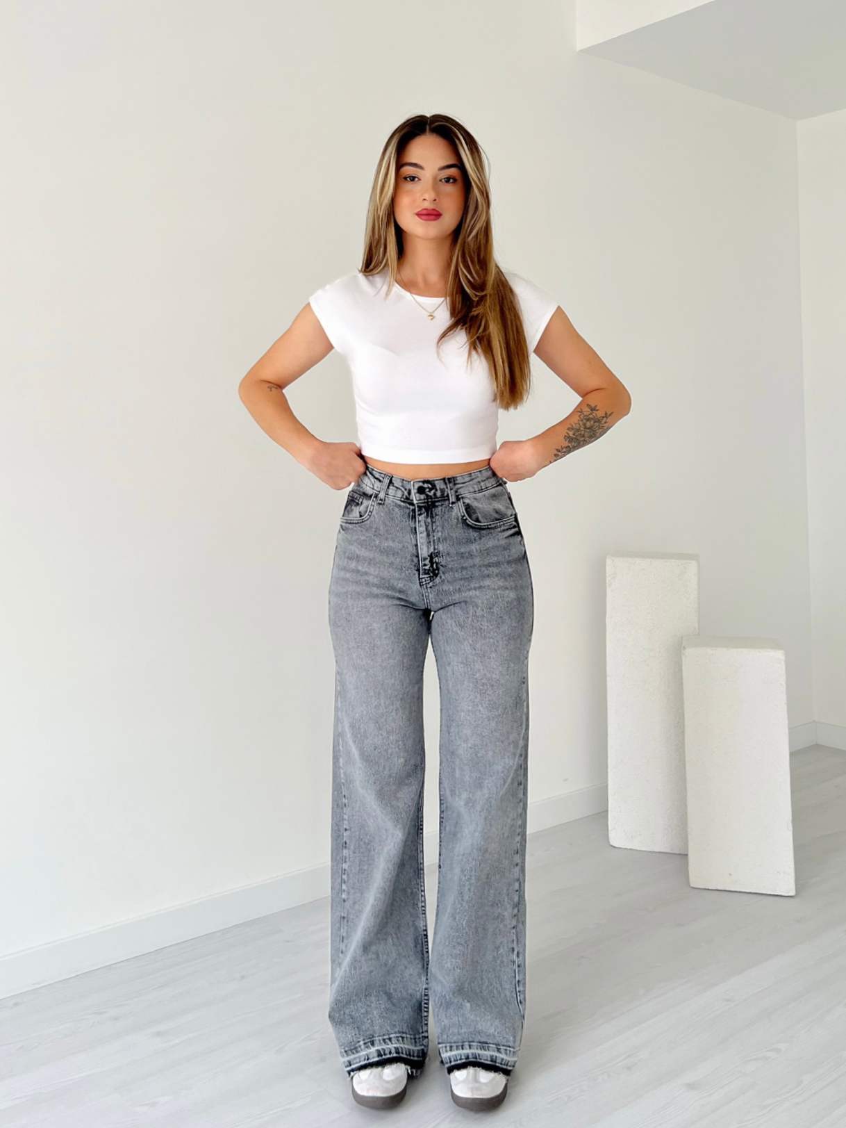 Paça Detaylı Likralı Palazzo Jean - Gri