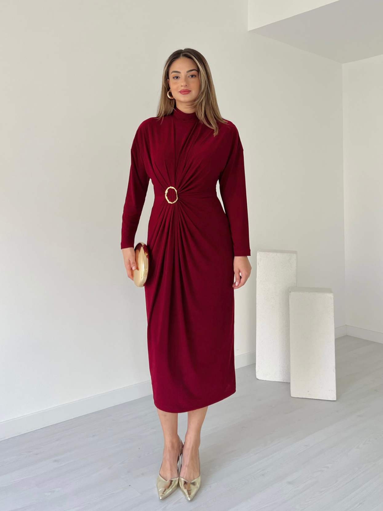 Gold Tokalı LEXIE Elbise - Bordo