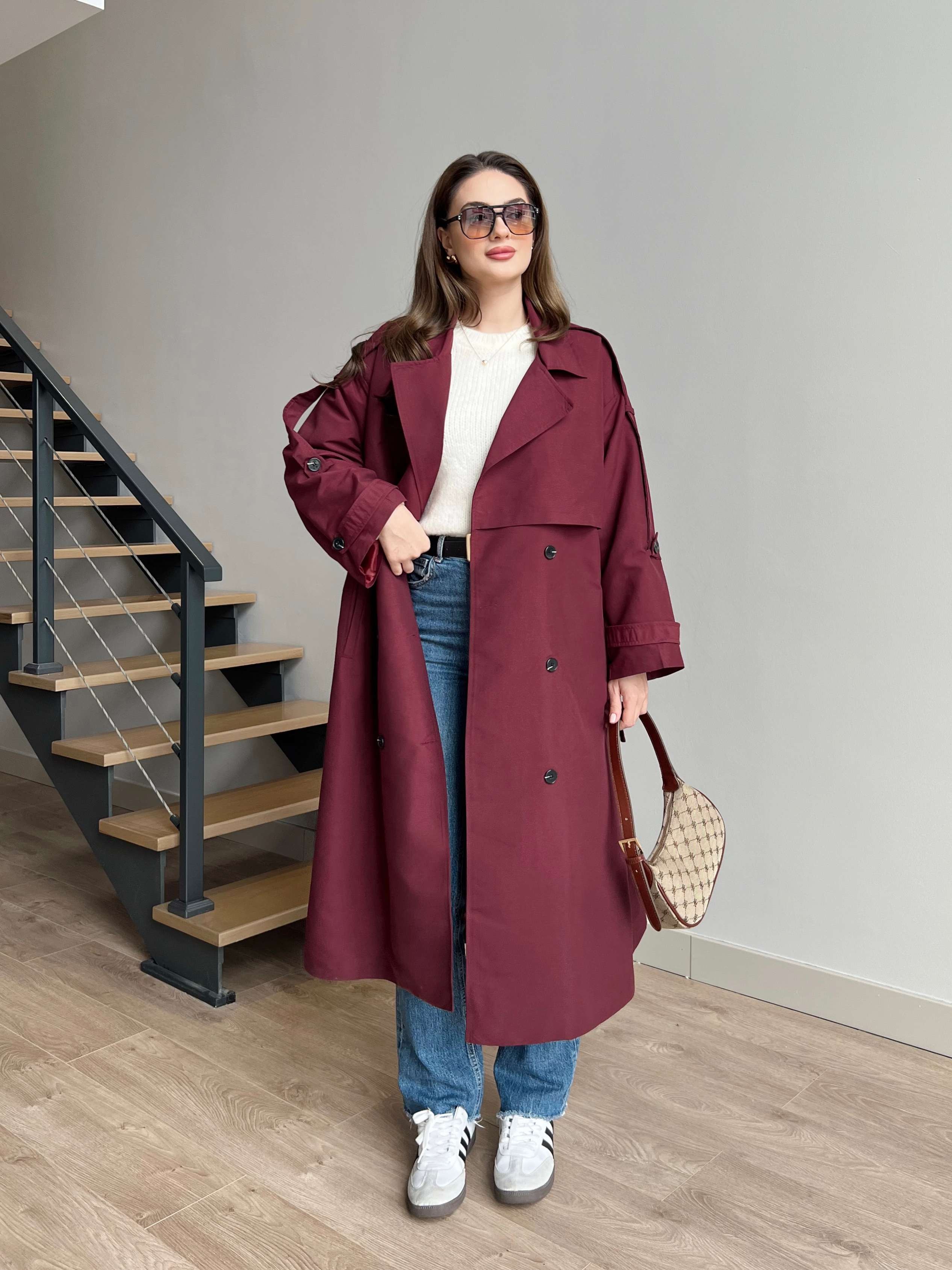 Oversize Astarlı Premium Trençkot - Bordo