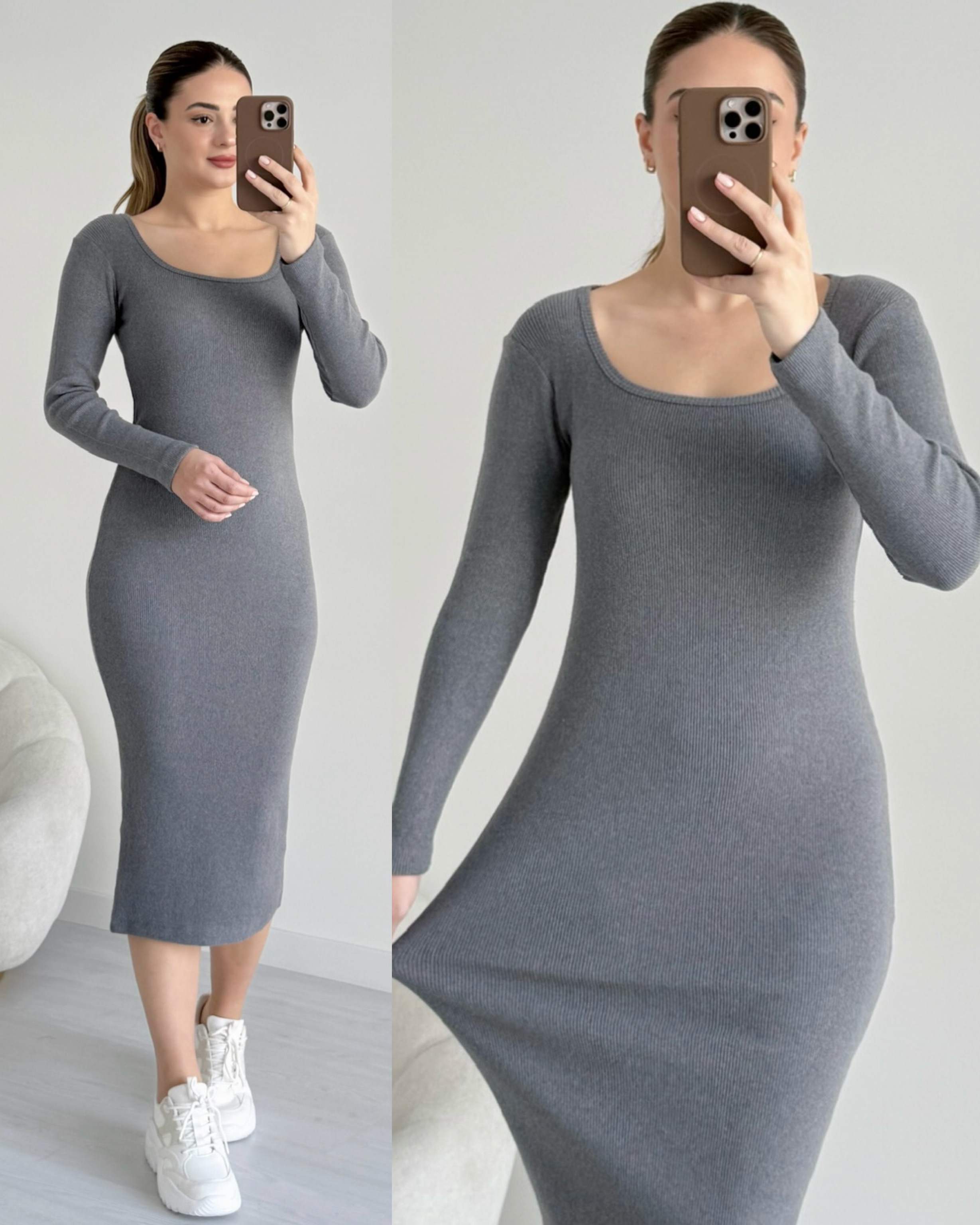 U Yaka Yumoş Basic Elbise - Antrasit