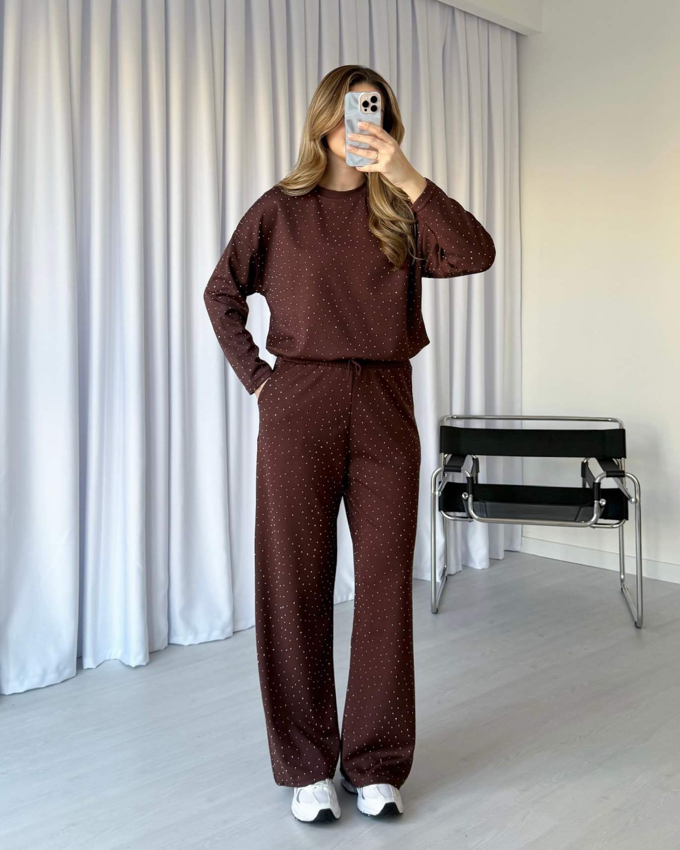 Modal Kumaş Işıltılı Takım - Kahve