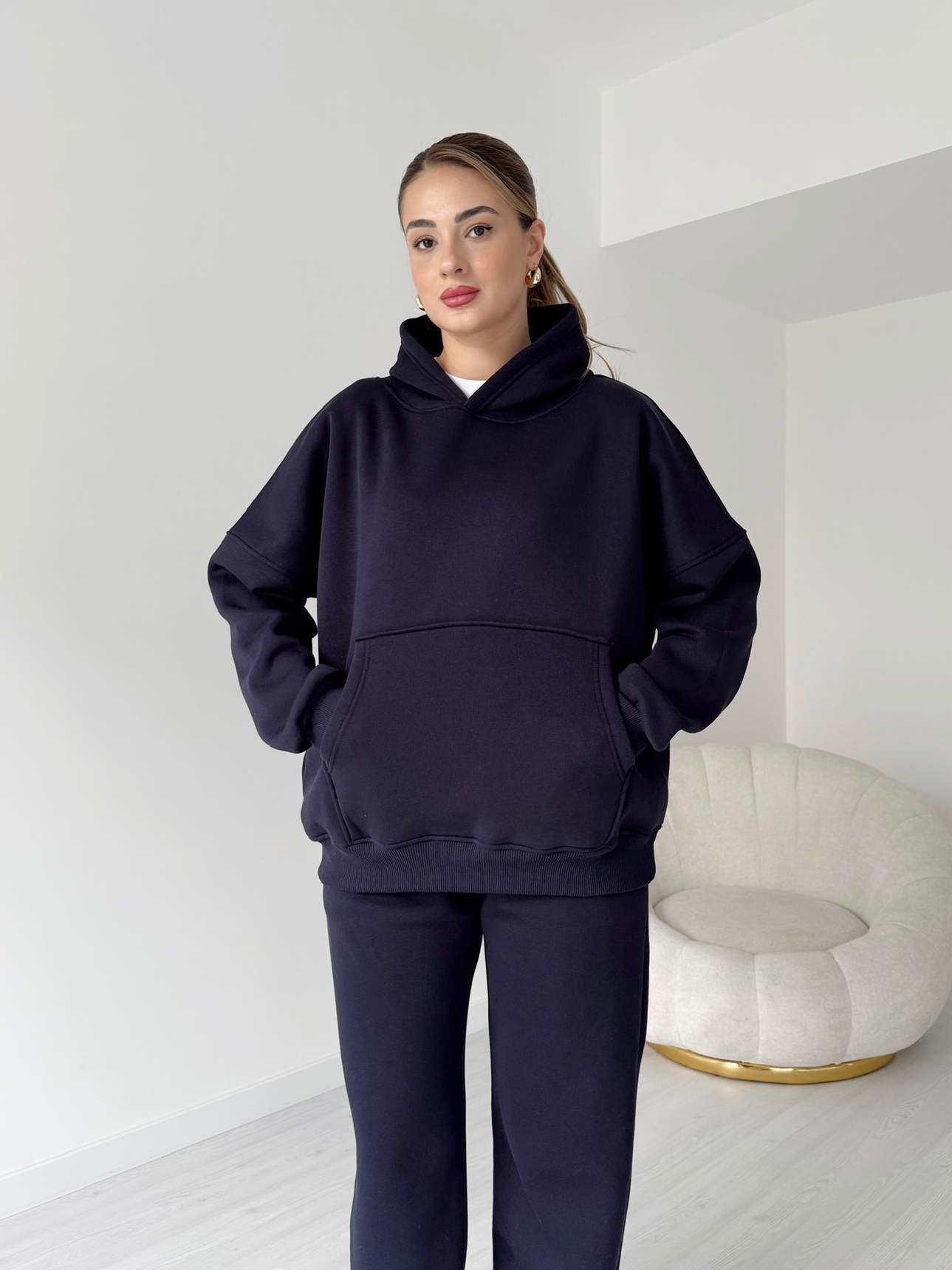 Üç İplik İçi Polarlı Oversize Eşofman Takımı - Lacivert