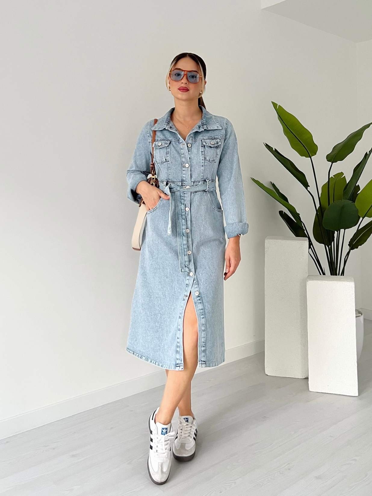 Uzun Kol Kuşaklı Denim Elbise