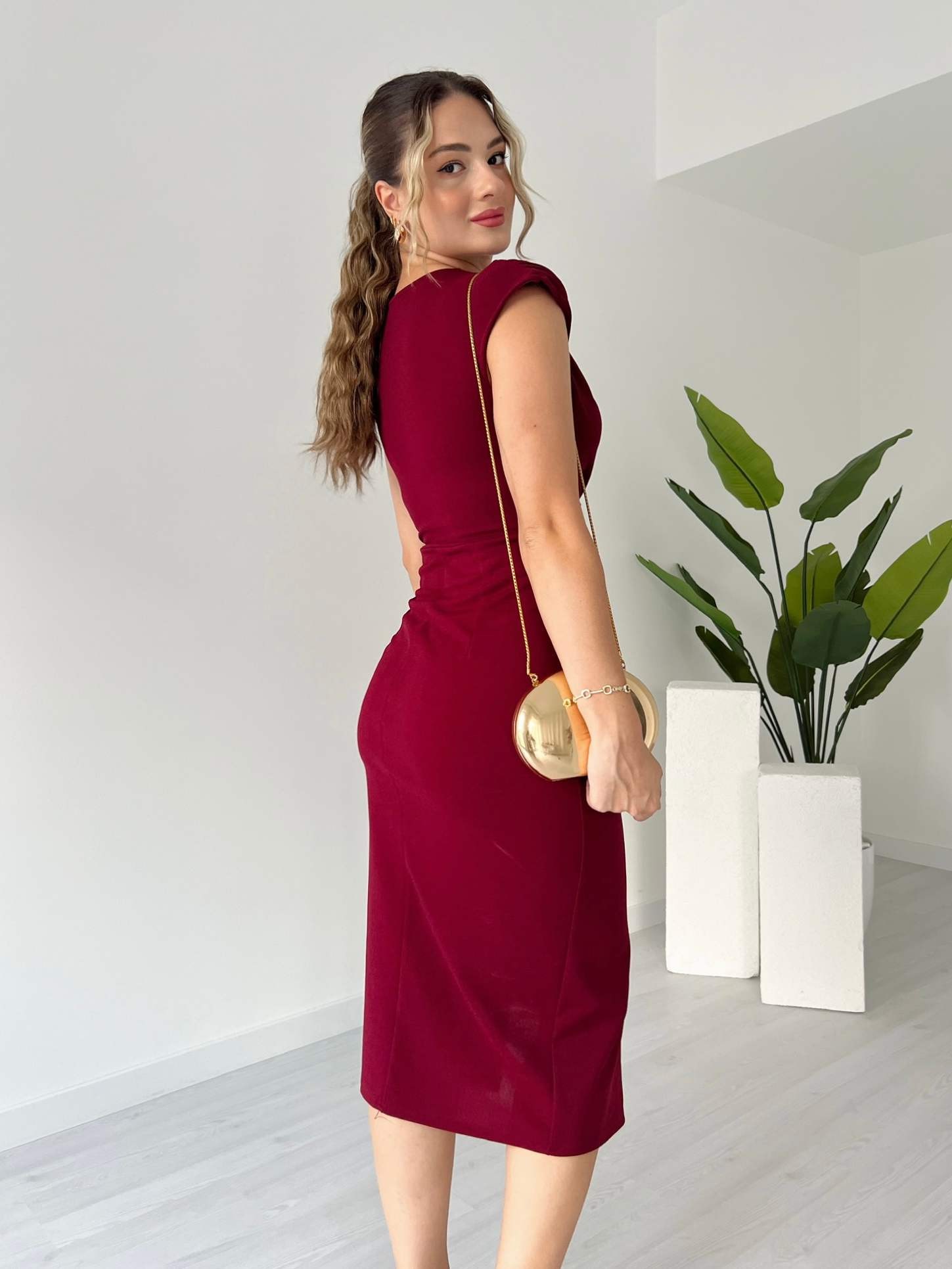 Broş Detaylı Kruvaze Yaka JERSEY Elbise - Bordo