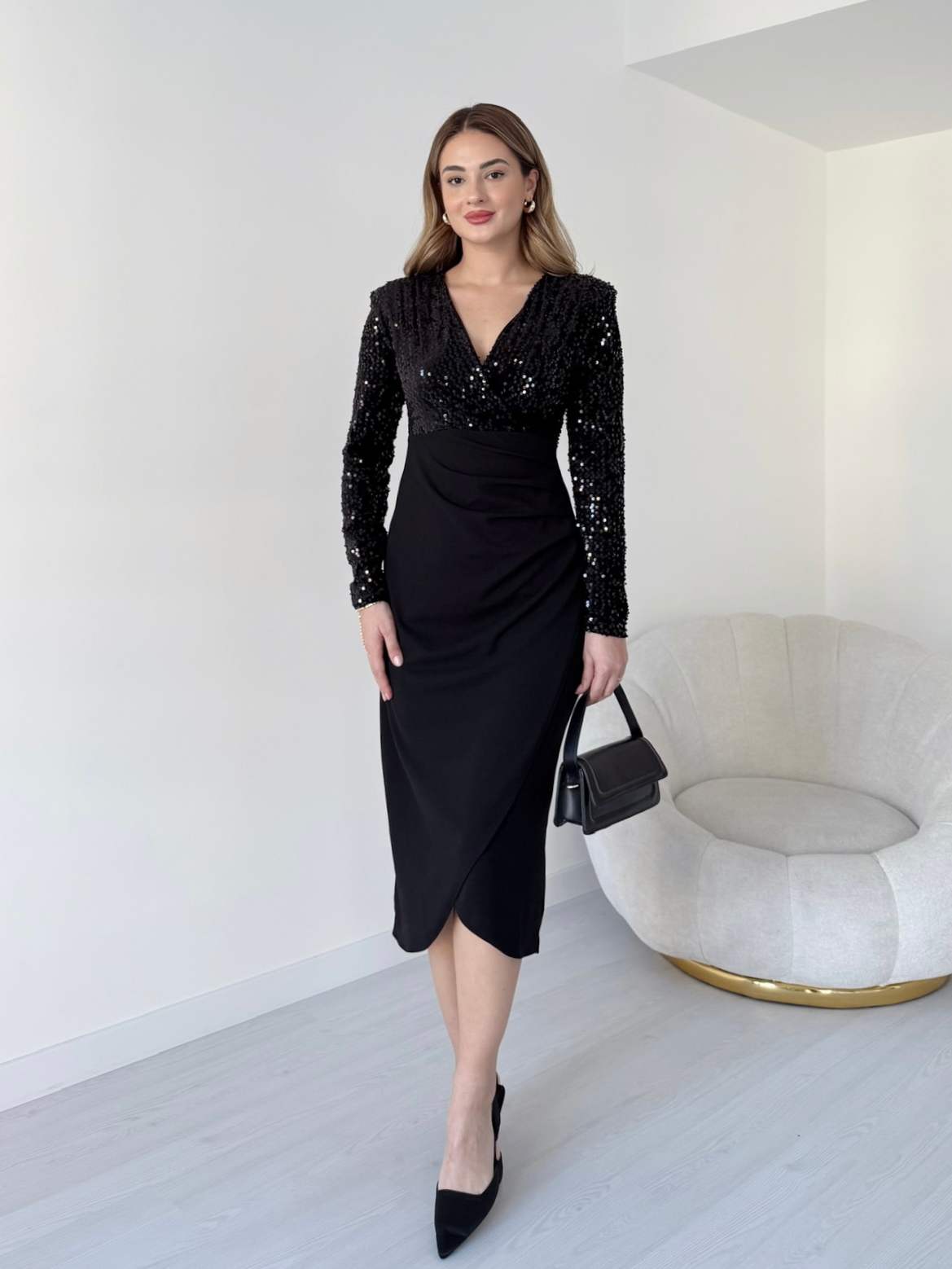 Kruvaze Yaka Midi Boy Payetli Elbise