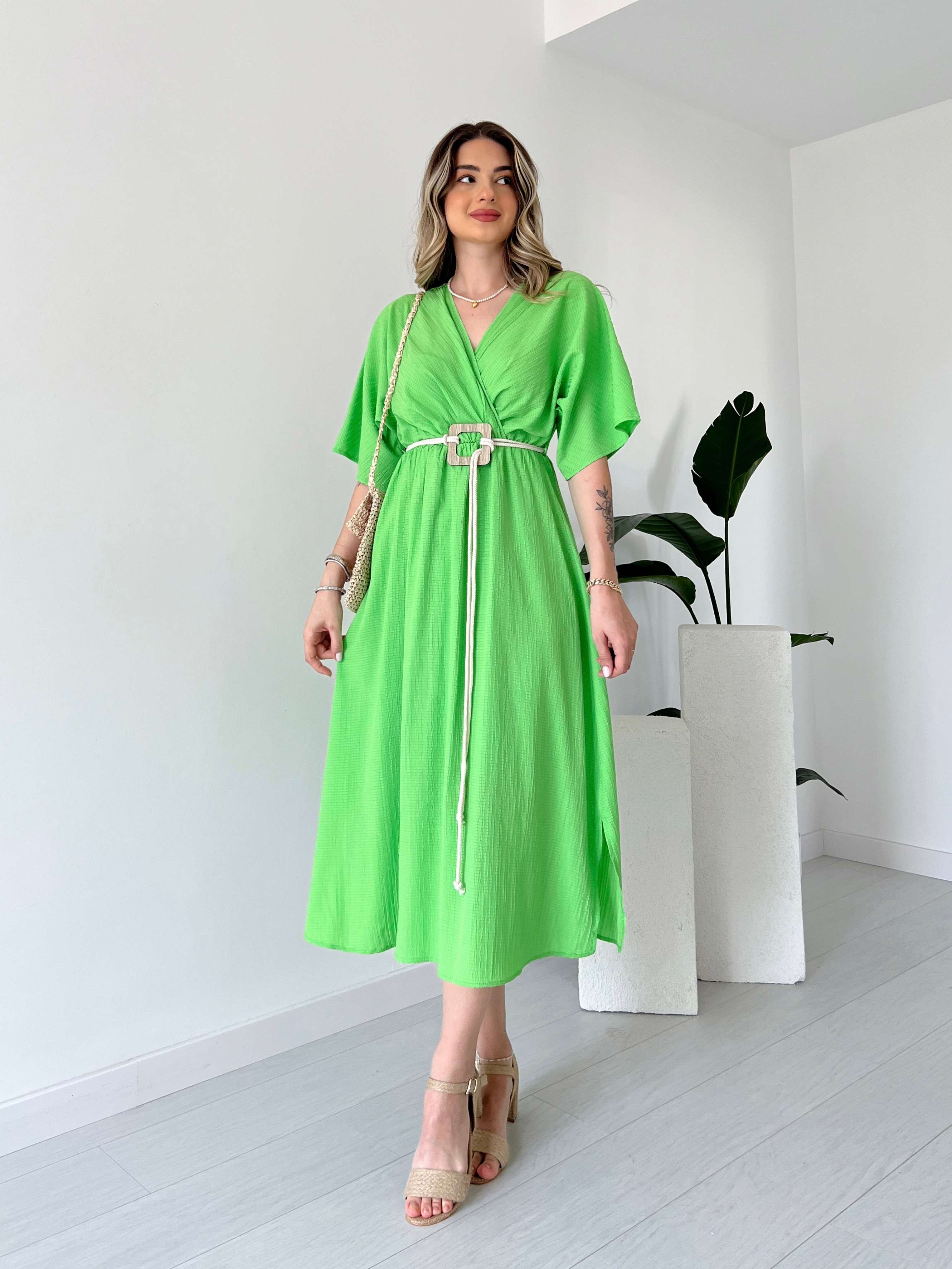 Kruvaze Yaka RAMOS Elbise - Yeşil