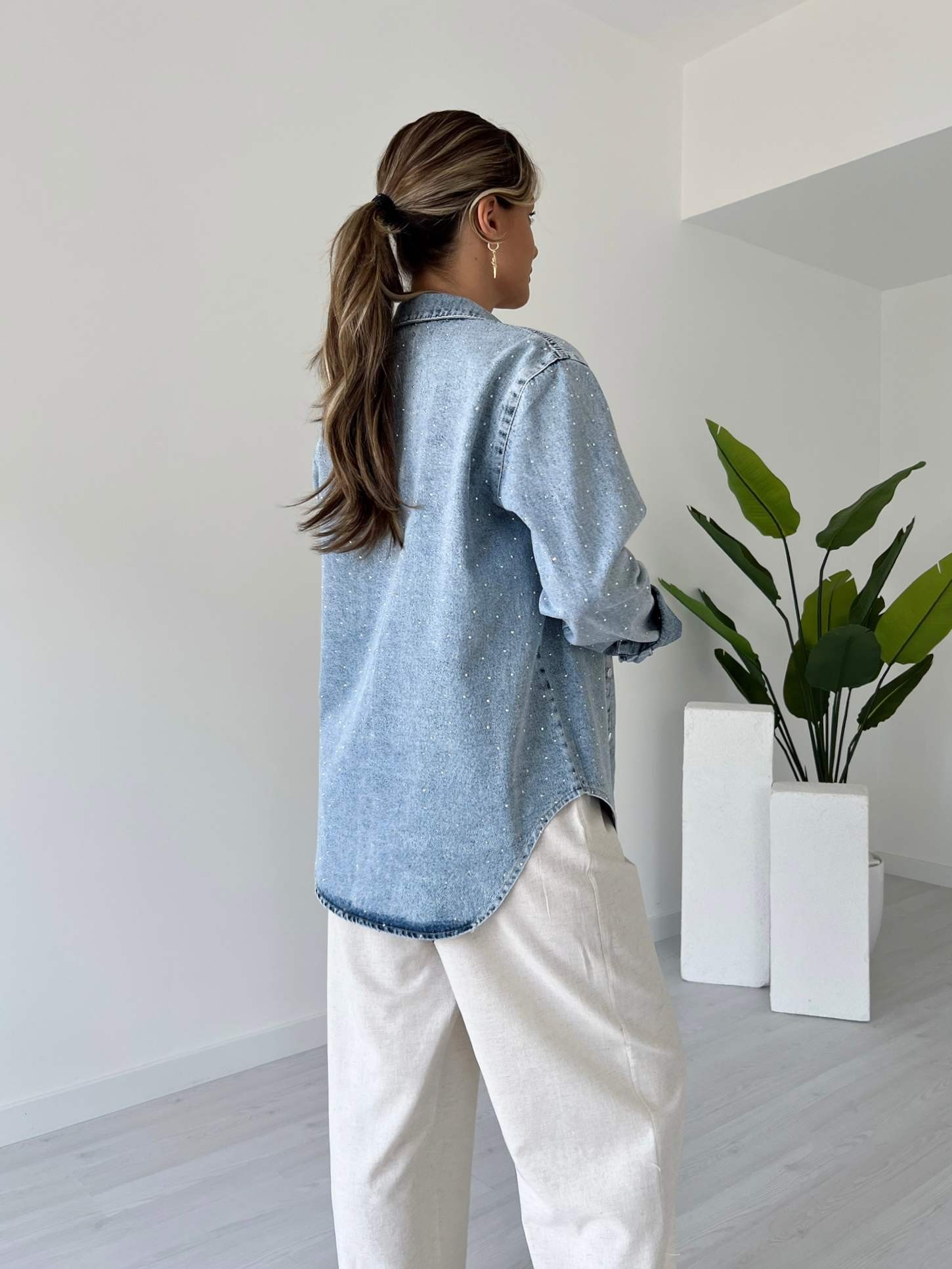 Serpme Taşlı Denim Gömlek