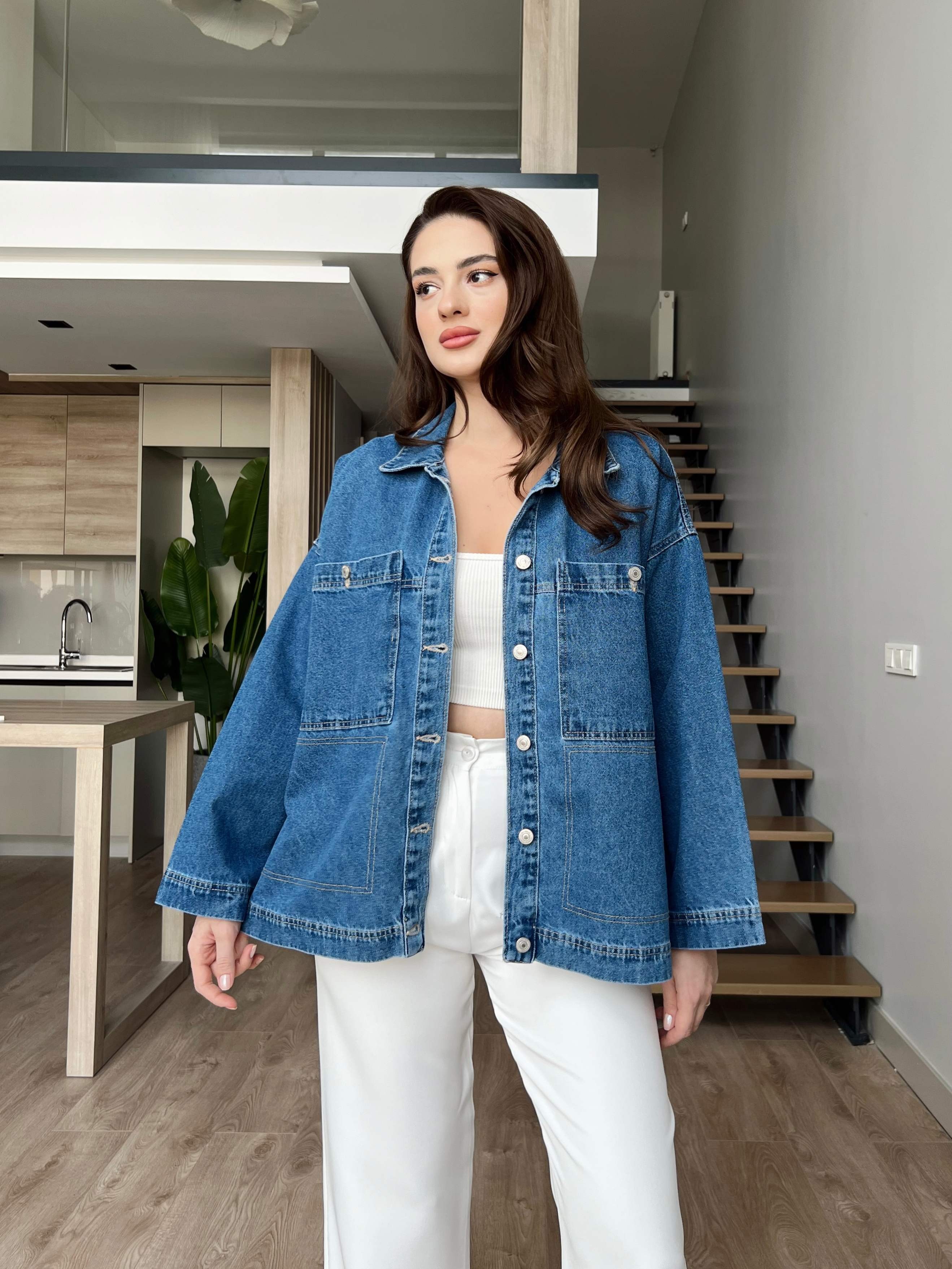 Yanı İp Detaylı Arkası Uzun Denim Ceket - Koyu Mavi
