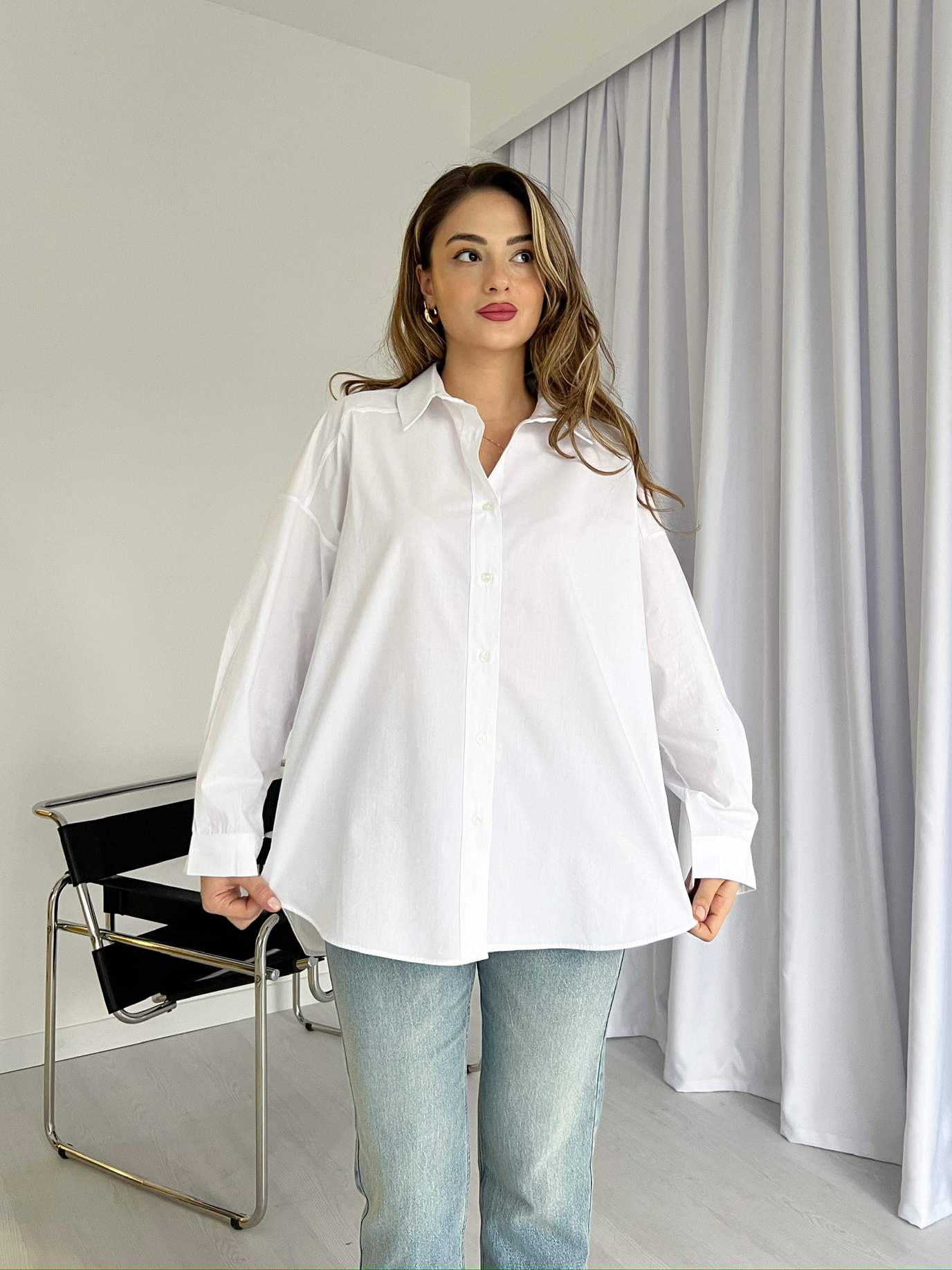 Oversize Arkası Uzun Basic Poplin Gömlek - Beyaz