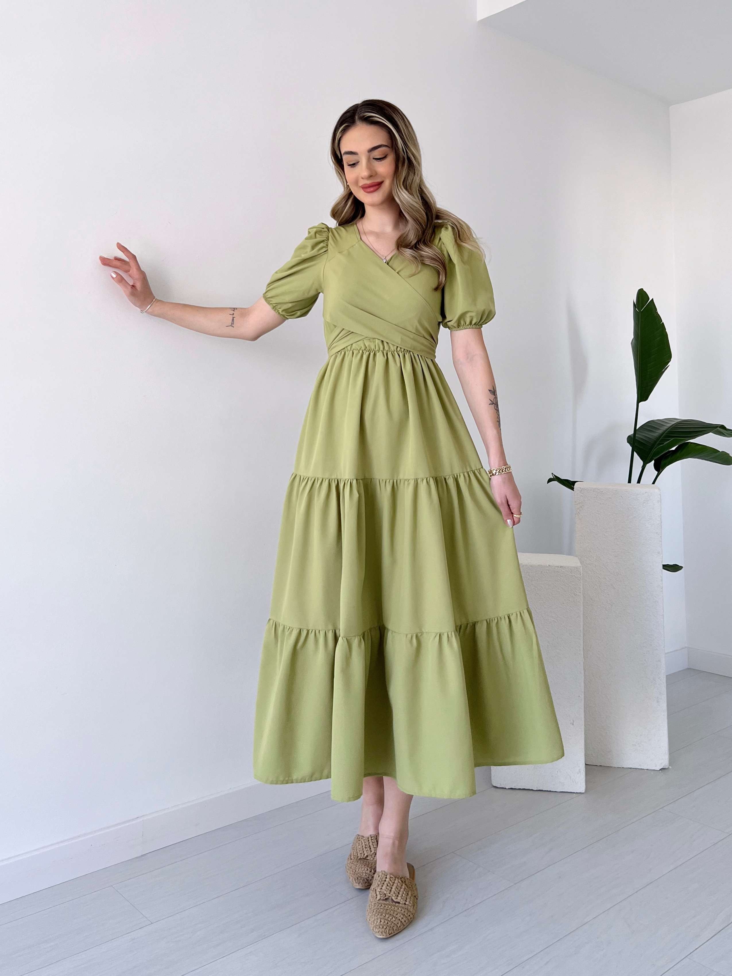 Kurdeleli Poplin Elbise - Fıstık Yeşil