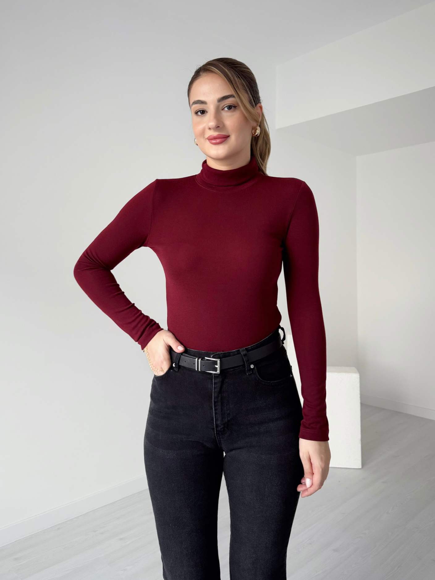 Balıkçı Yaka Modal T-Shirt - Bordo