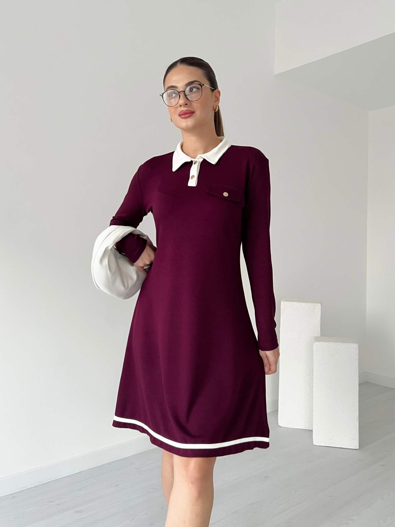 Polo Yaka Uzun Kollu Modal Elbise - Bordo