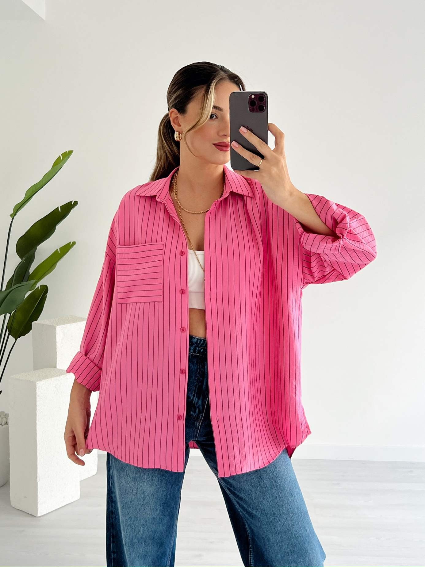 Tek Cepli Çizgili Oversize Gömlek - Pembe