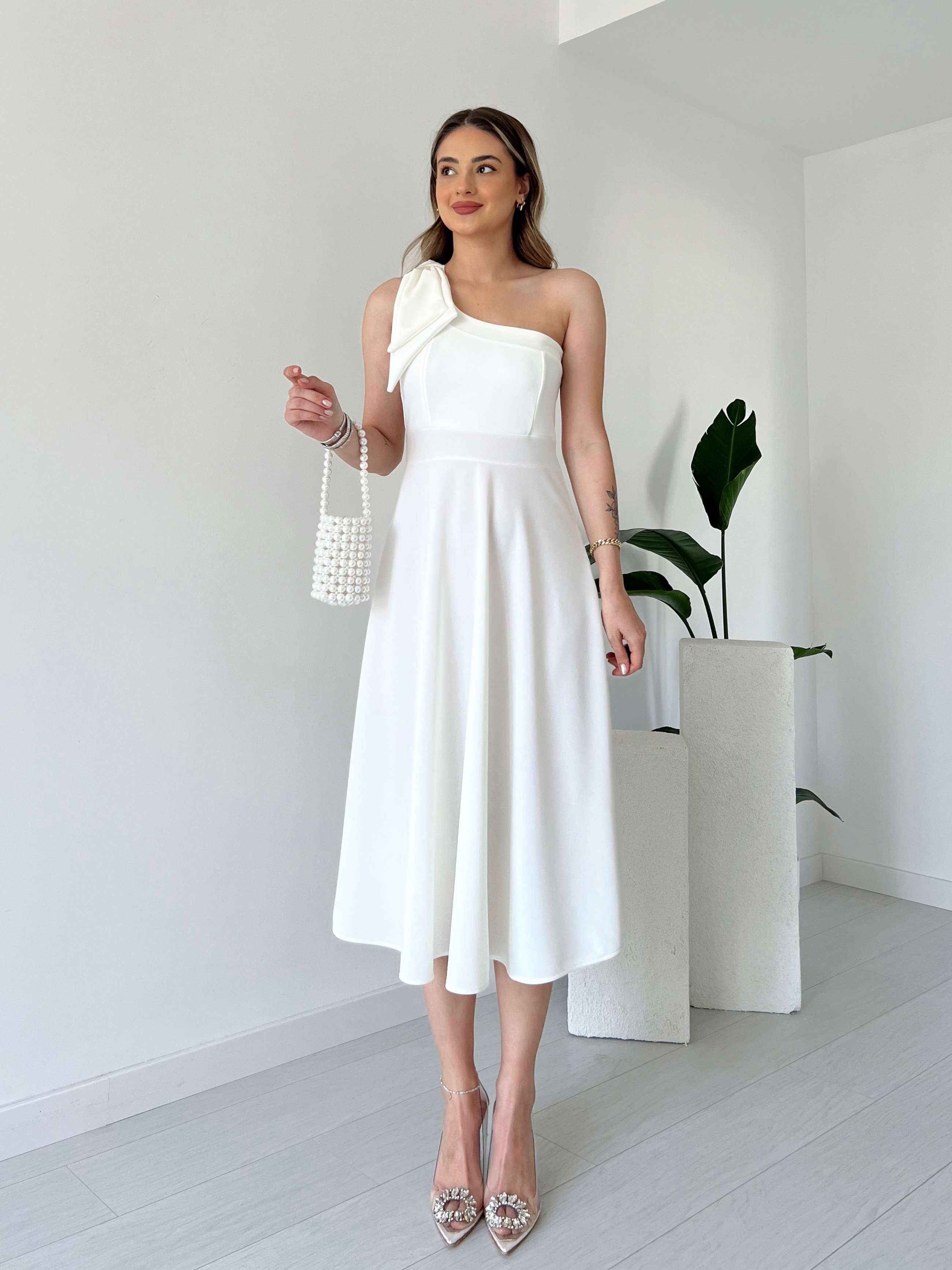 Tek Omuz LEONARDO Elbise - Beyaz