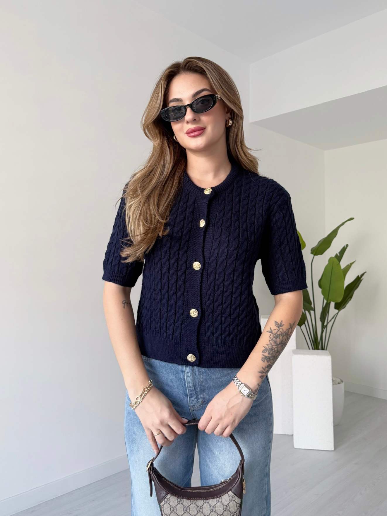 Gold Düğmeli Saçörgü Kazak