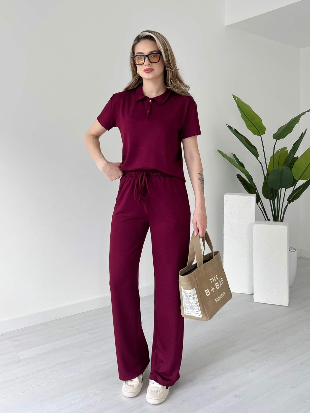 Polo Yaka Kısa Kollu Casual Takım - Bordo