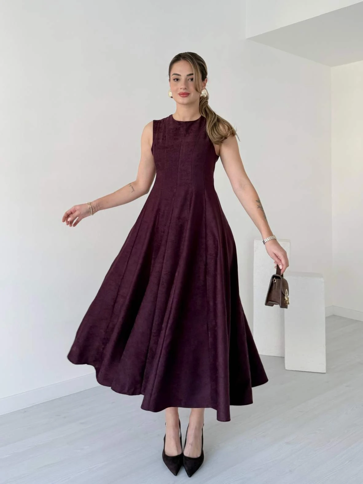 Midi Boy EMILIA Süet Elbise - Bordo