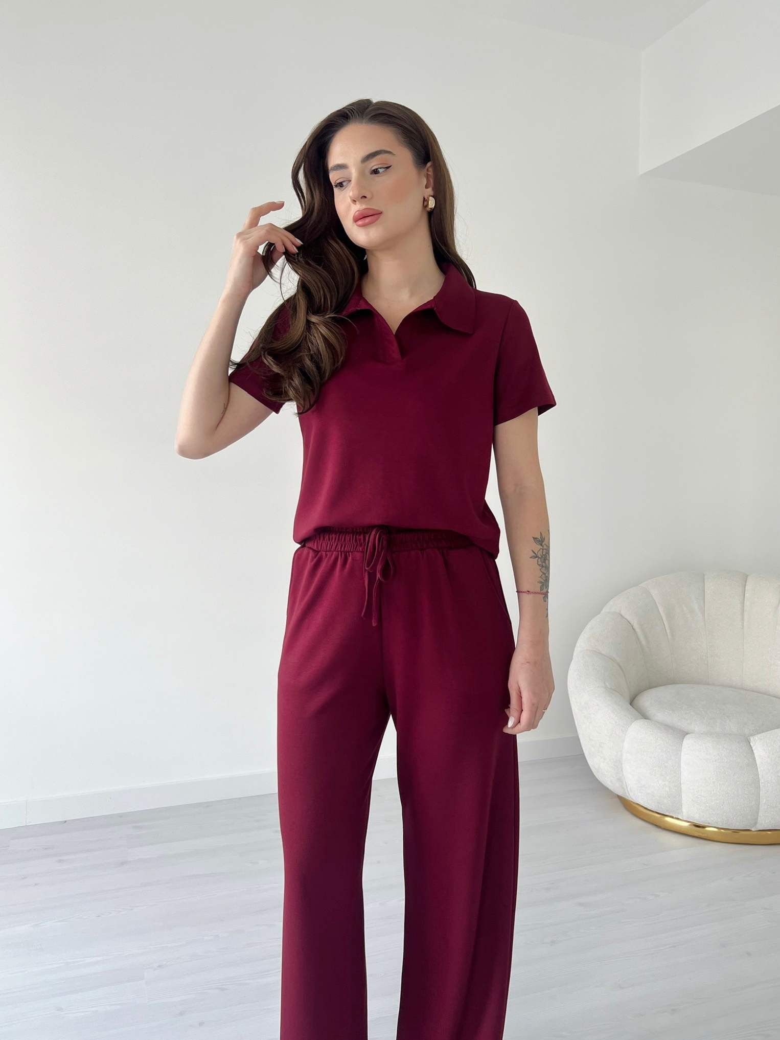 Modal Kumaş Polo Yaka İkili Takım - Bordo