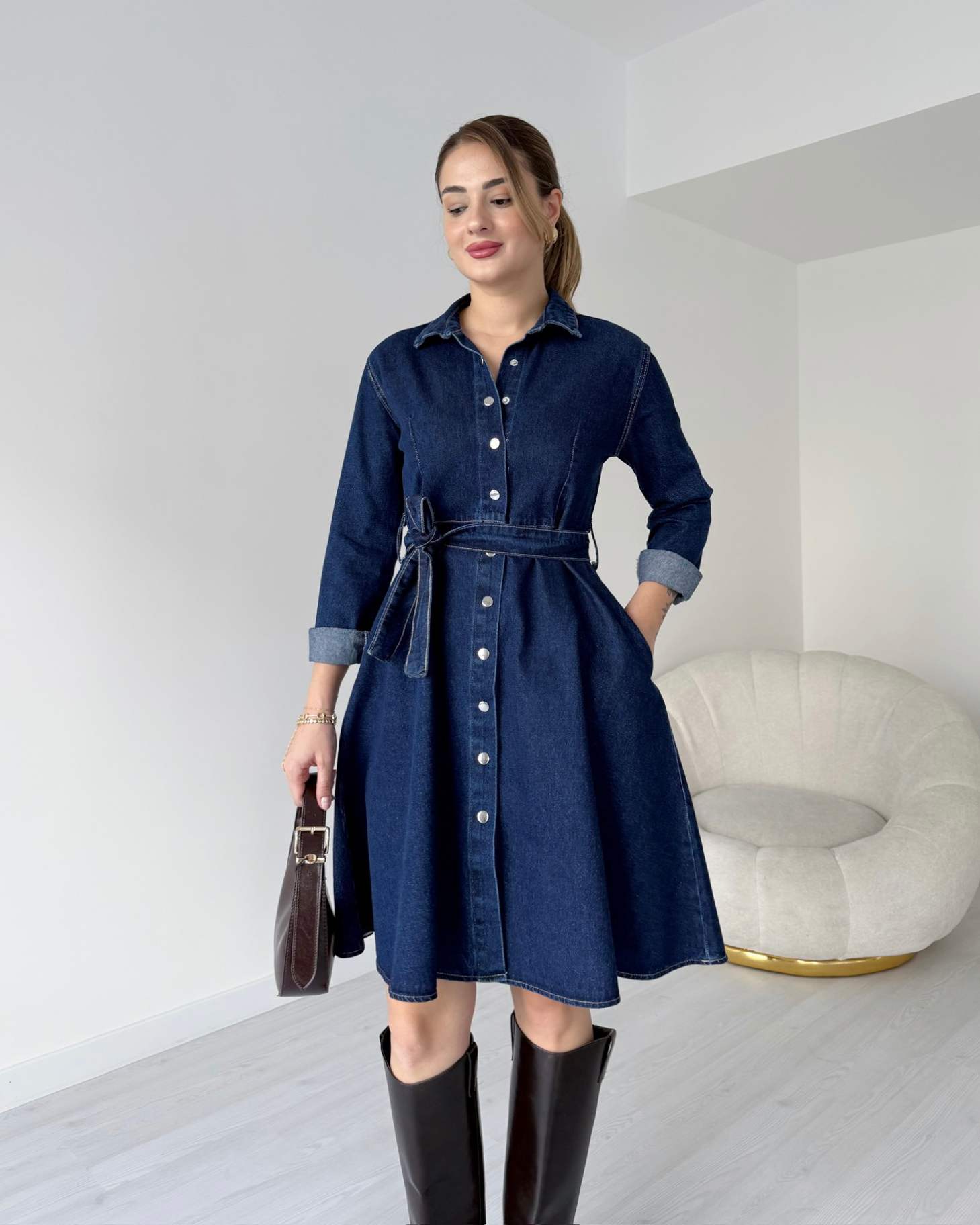 Koyu Mavi Kuşaklı Denim Elbise