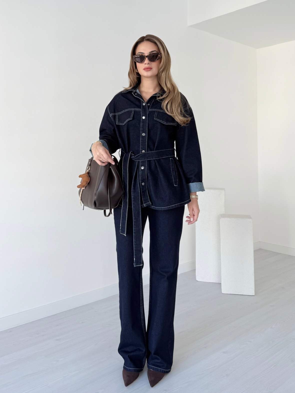 Kuşaklı Denim Ceket Pantolon Takım - Raw Yıkama