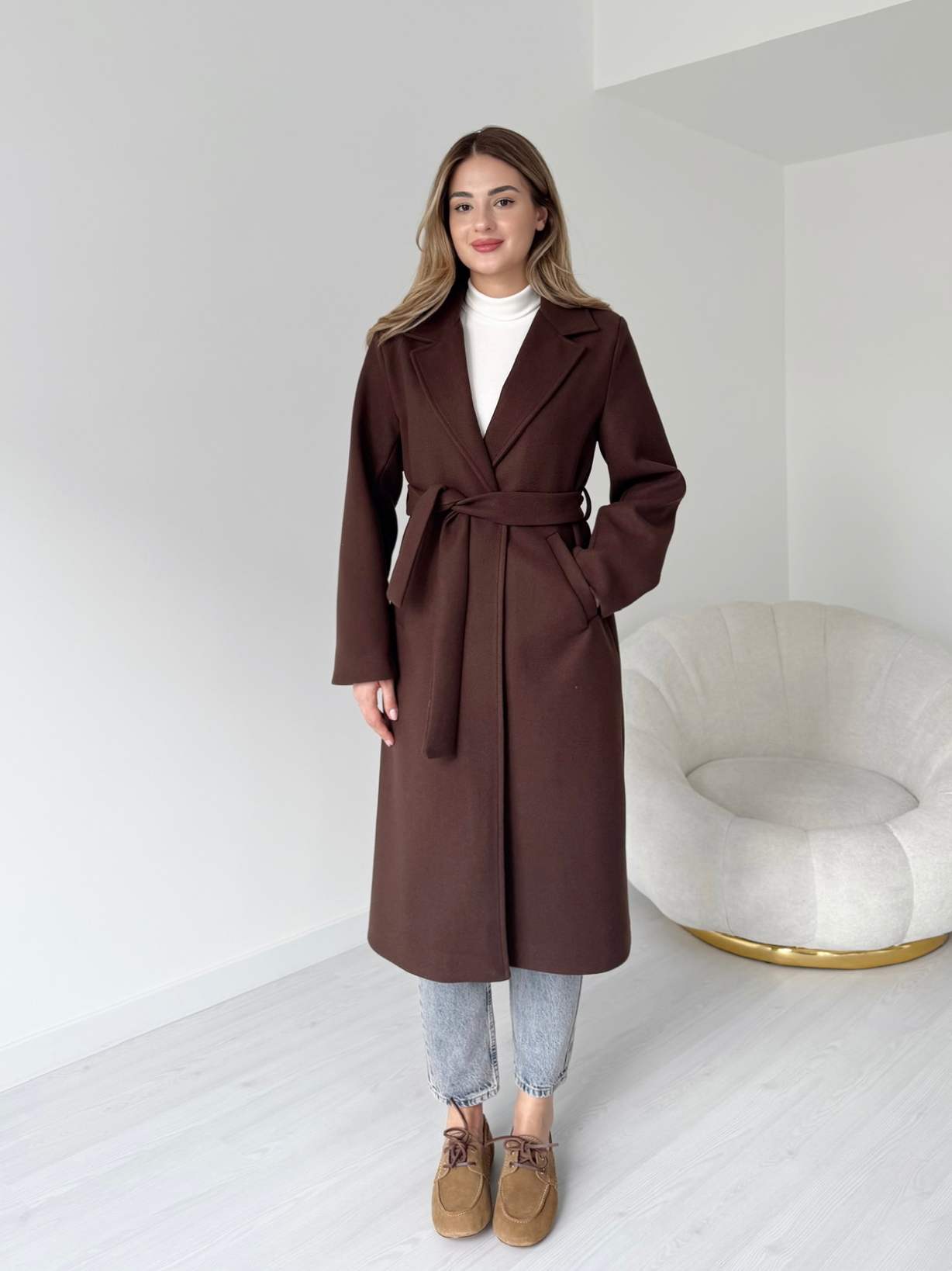 Kuşaklı Uzun Premium Kaşe Kaban - Kahve