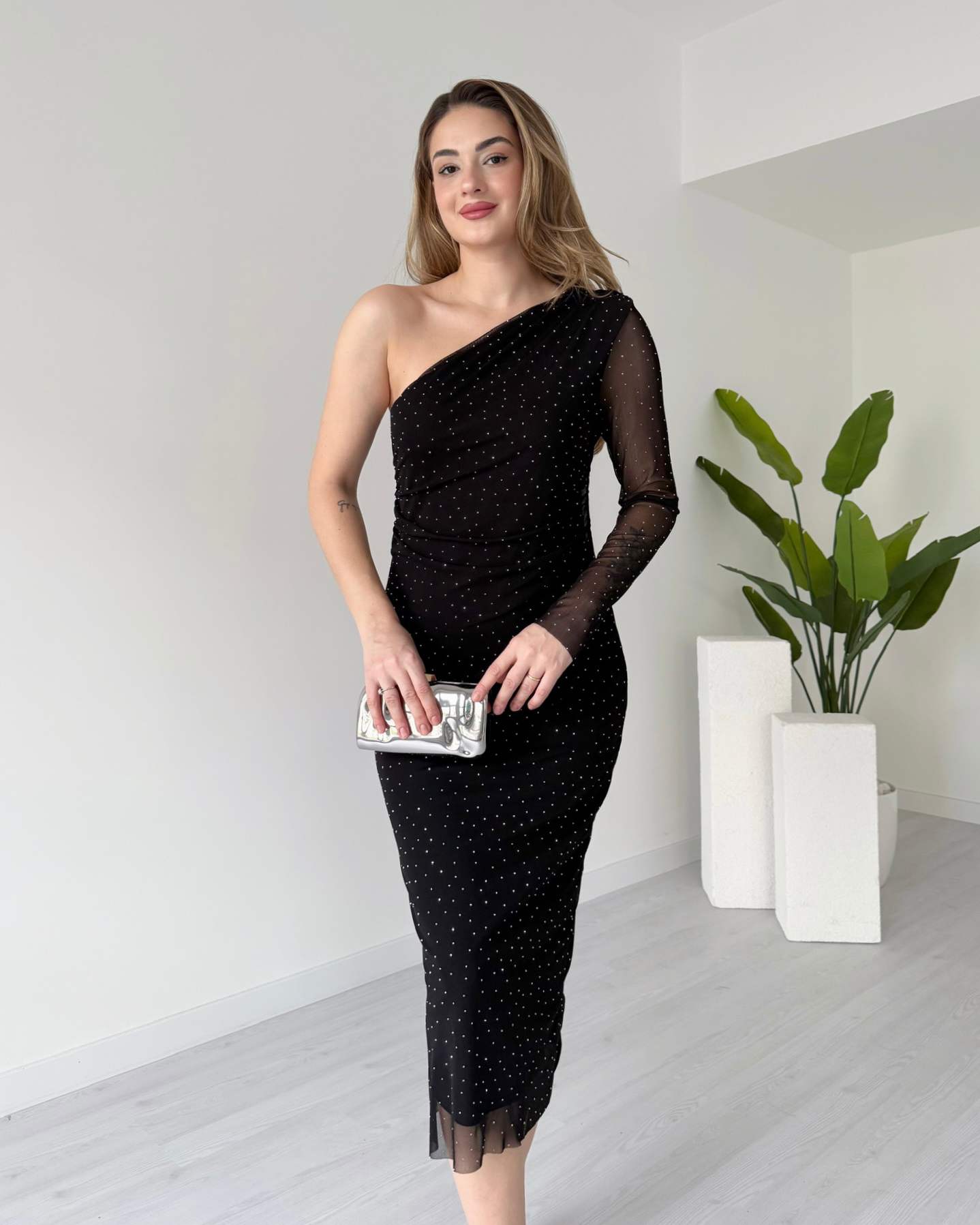 Tek Omuz Taş Süslemeli Tül Elbise