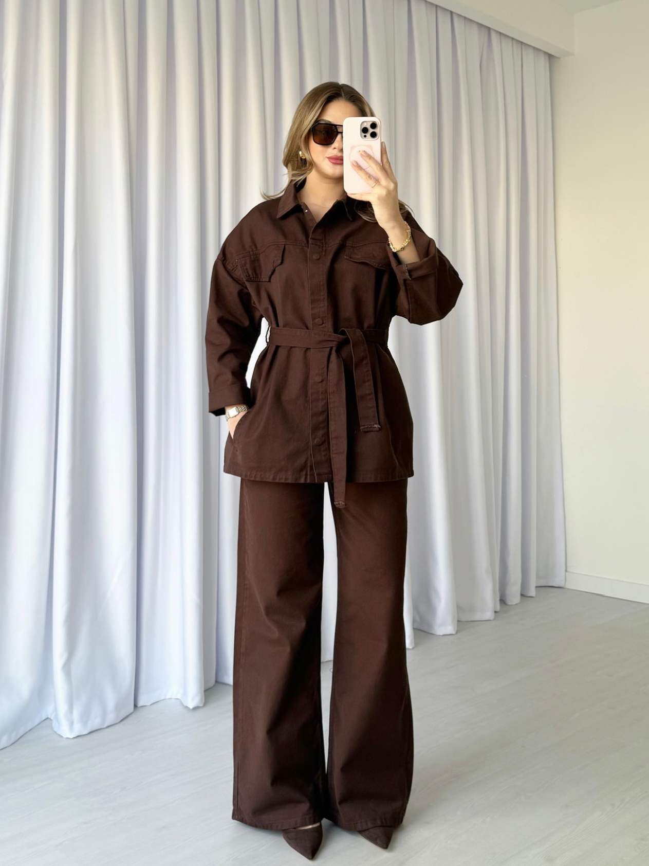 Kuşaklı Ceket Pantolon Denim Takım