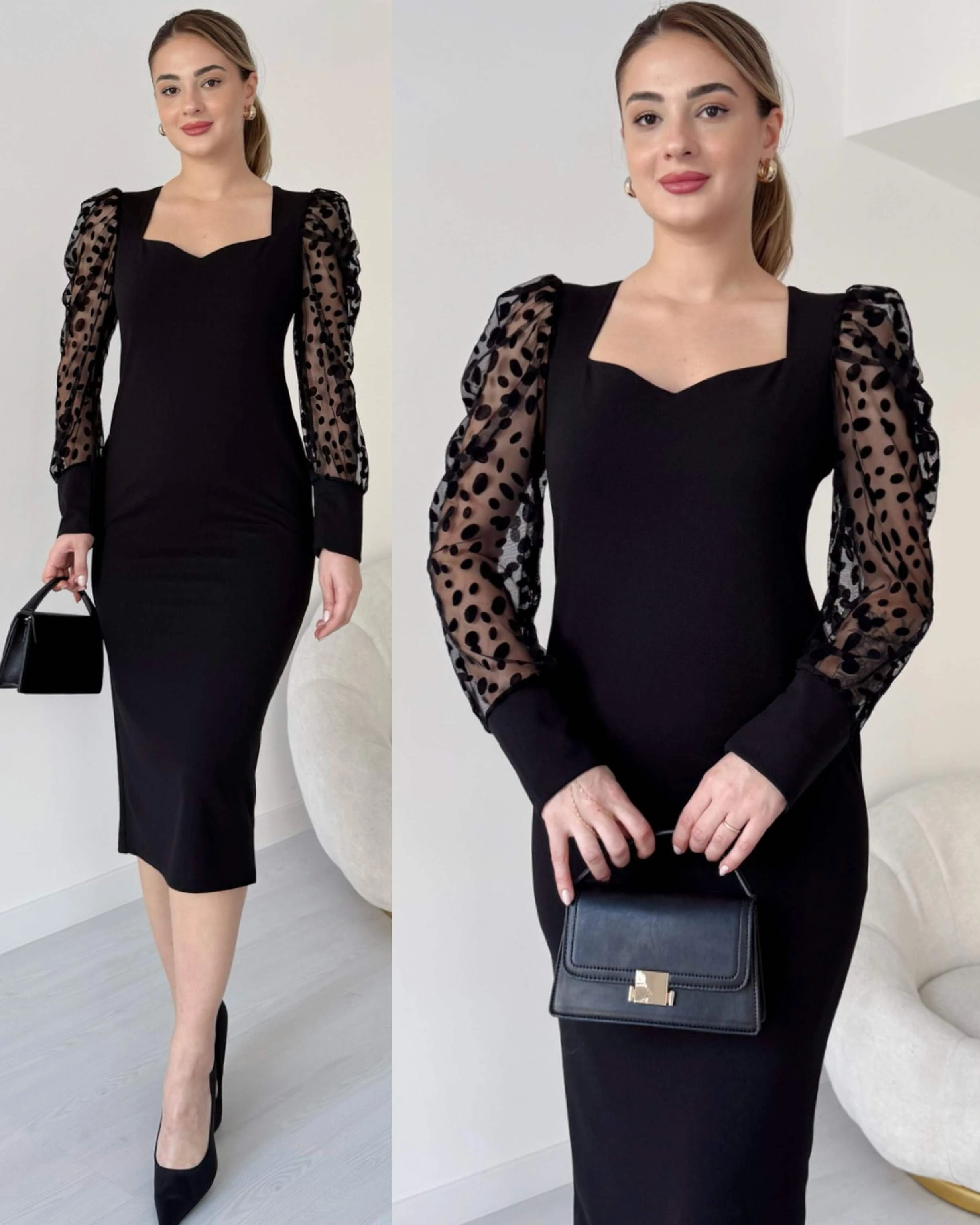 Kalp Yaka Kolu Tül Kalem Elbise - Siyah