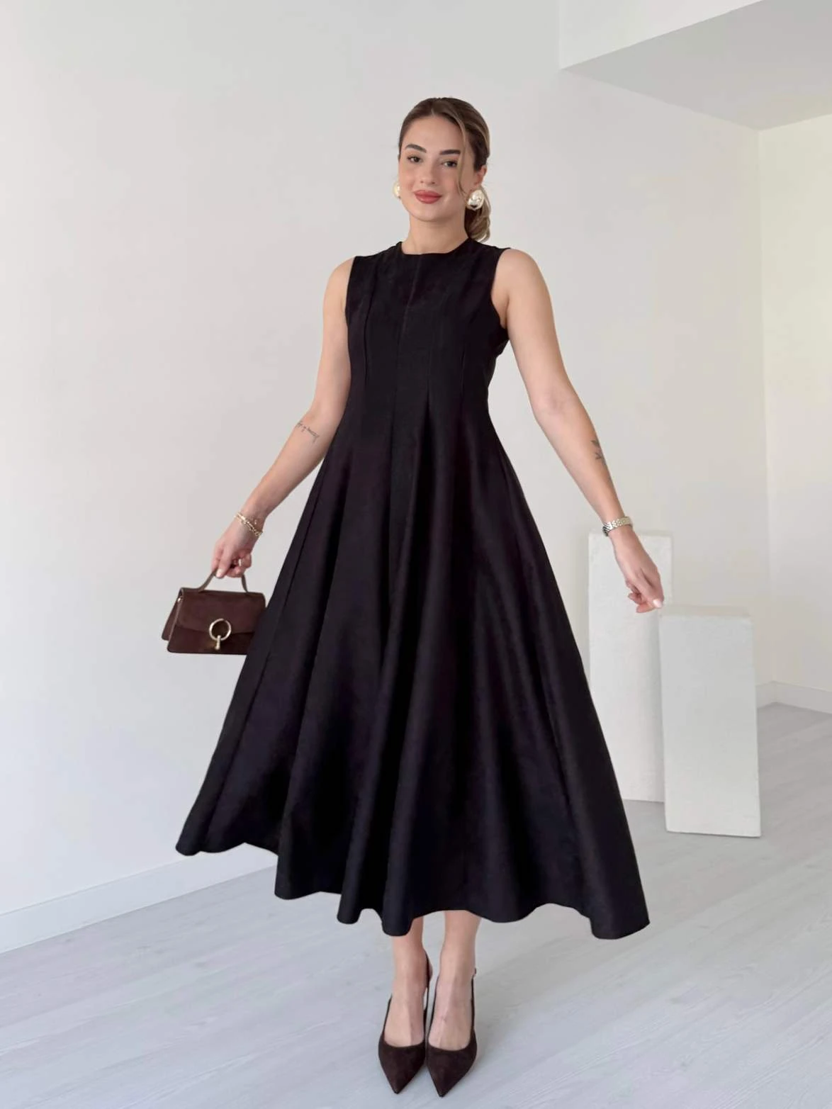 Midi Boy EMILIA Süet Elbise - Siyah