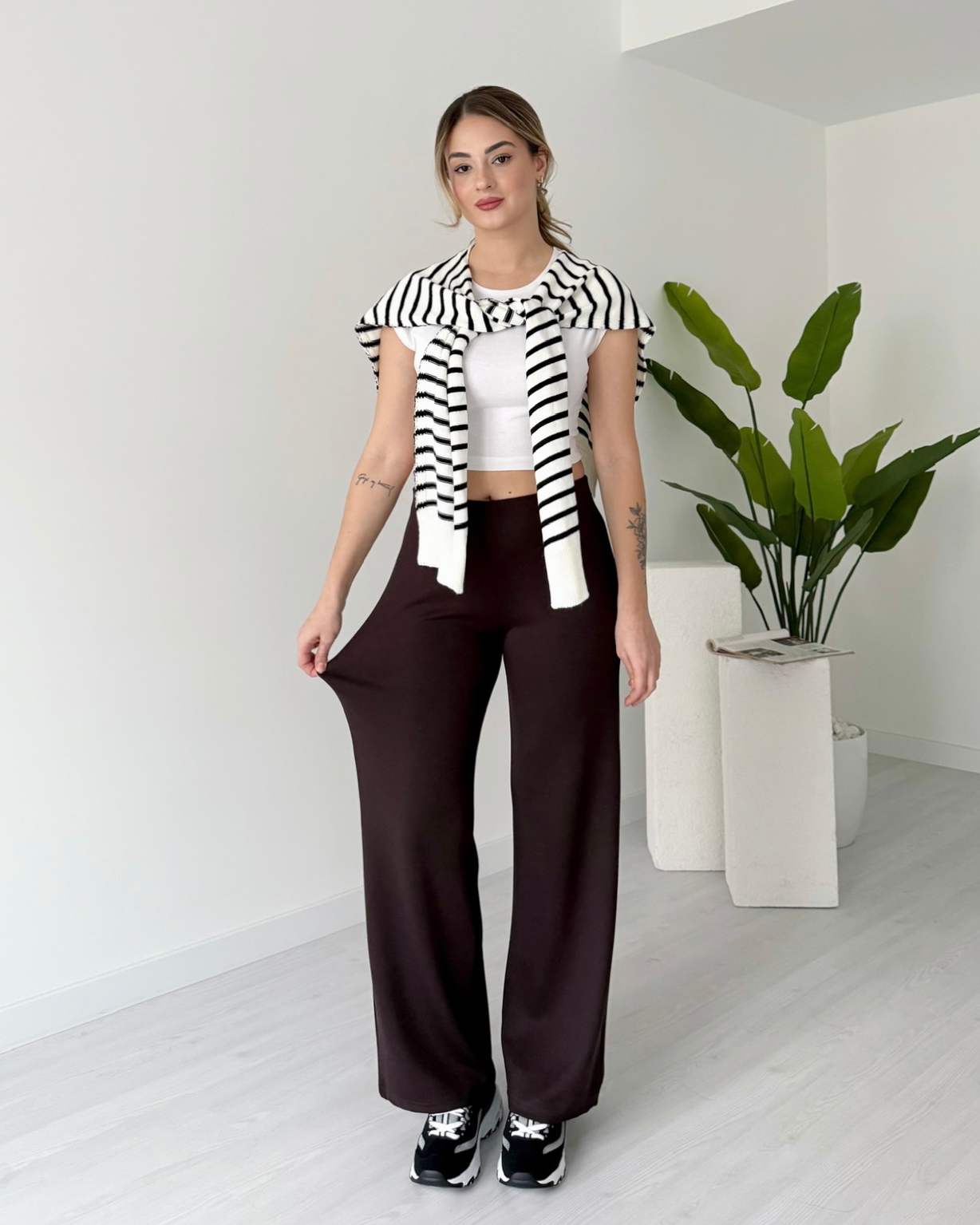 Modal Kumaş Yüksek Bel Cepsiz Pantolon - Kahve