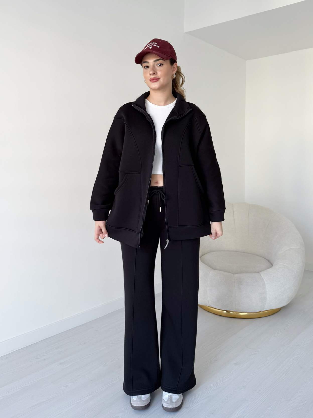 Şardonlu Üç İplik Eşofman Takımı - Siyah