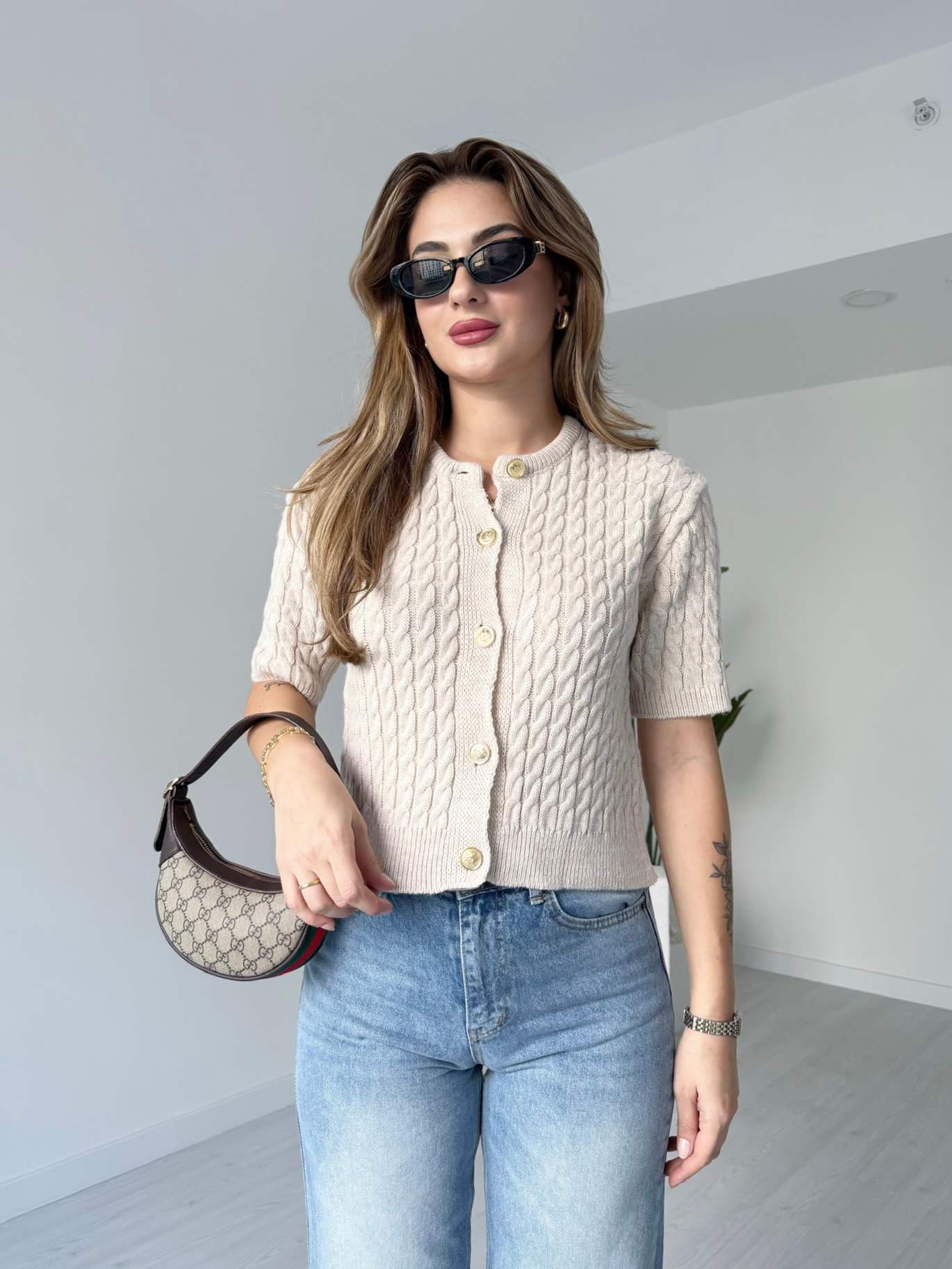 Gold Düğmeli Saçörgü Kazak - Krem